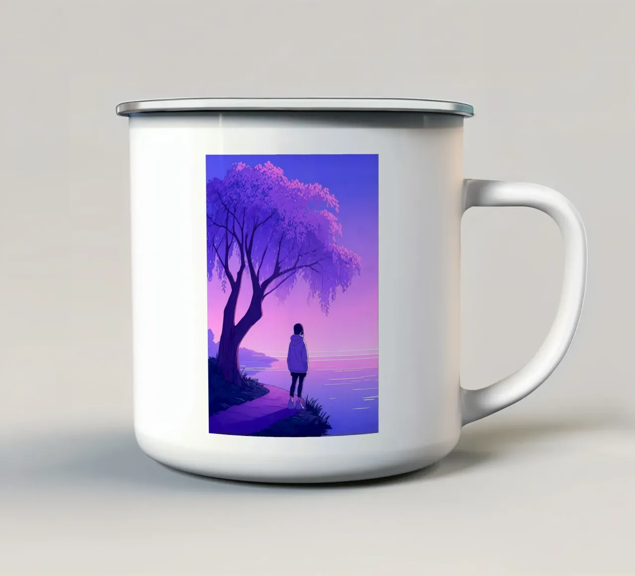 Una ragazza in piedi vicino all'albero guardando il tramonto del fiume Lofi Art tazza in smalto da LoFi Gallery