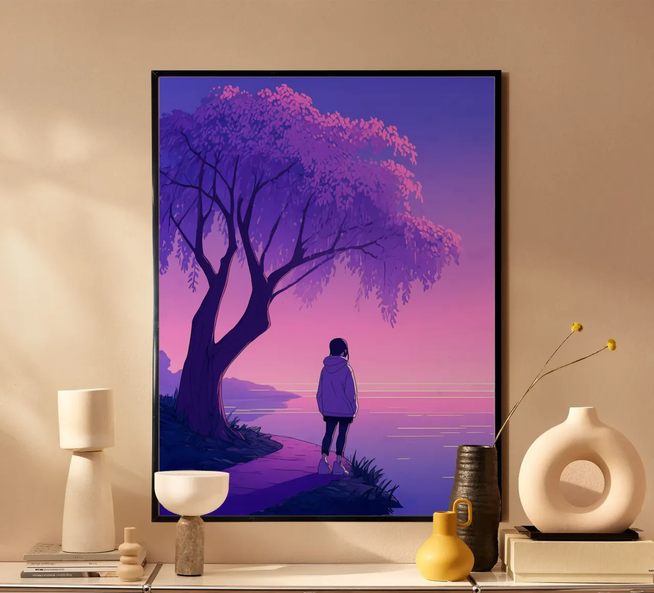 Una ragazza in piedi vicino all'albero guardando il tramonto del fiume Lofi Art poster con telaio in legno da LoFi Gallery