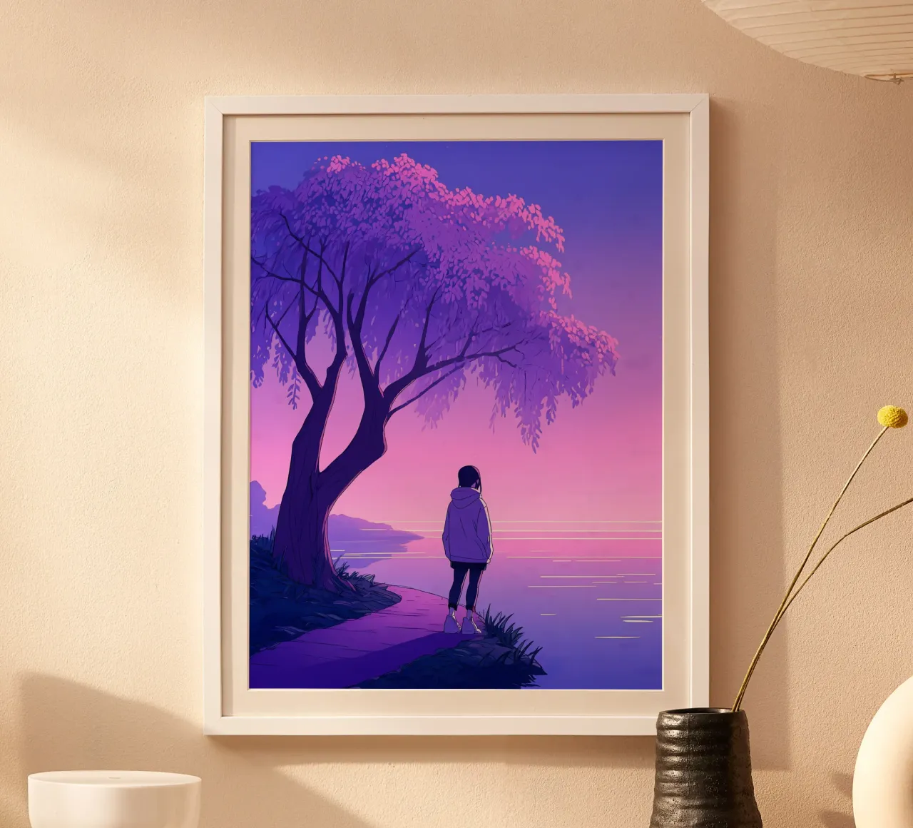 Una ragazza in piedi vicino all'albero guardando il tramonto del fiume Lofi Art poster con telaio in legno da LoFi Gallery
