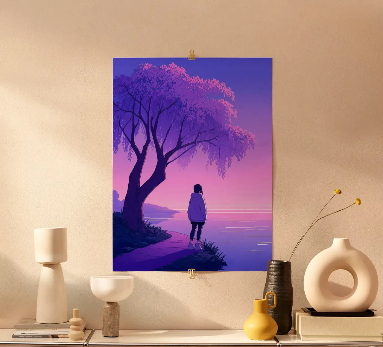 Una ragazza in piedi vicino all'albero guardando il tramonto del fiume Lofi Art poster con telaio in legno da LoFi Gallery