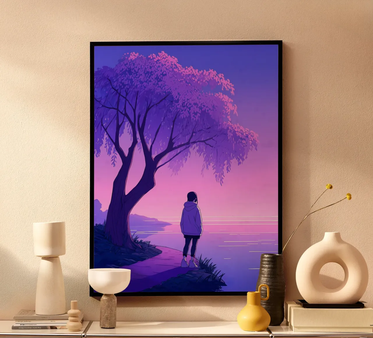 Una ragazza in piedi vicino all'albero guardando il tramonto del fiume Lofi Art poster con telaio in legno da LoFi Gallery