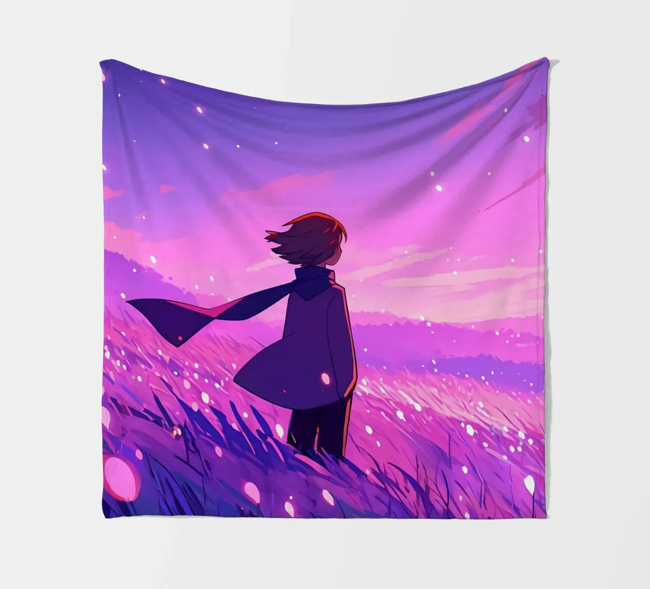 Una Chica Mirando La Puesta De Sol En Un Pastizal De Viento En La Noche Lofi Art manta de franela de LoFi Gallery