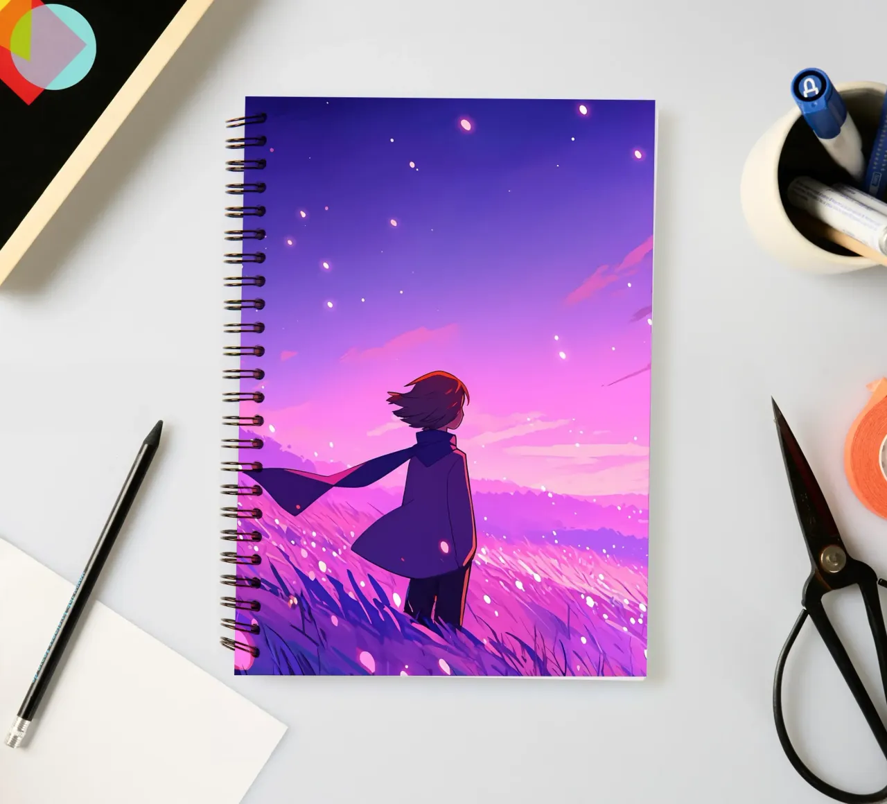A Girl Looking At Sunset In Wind Grassland In Night Lofi Art spiral notebook by LoFi Gallery