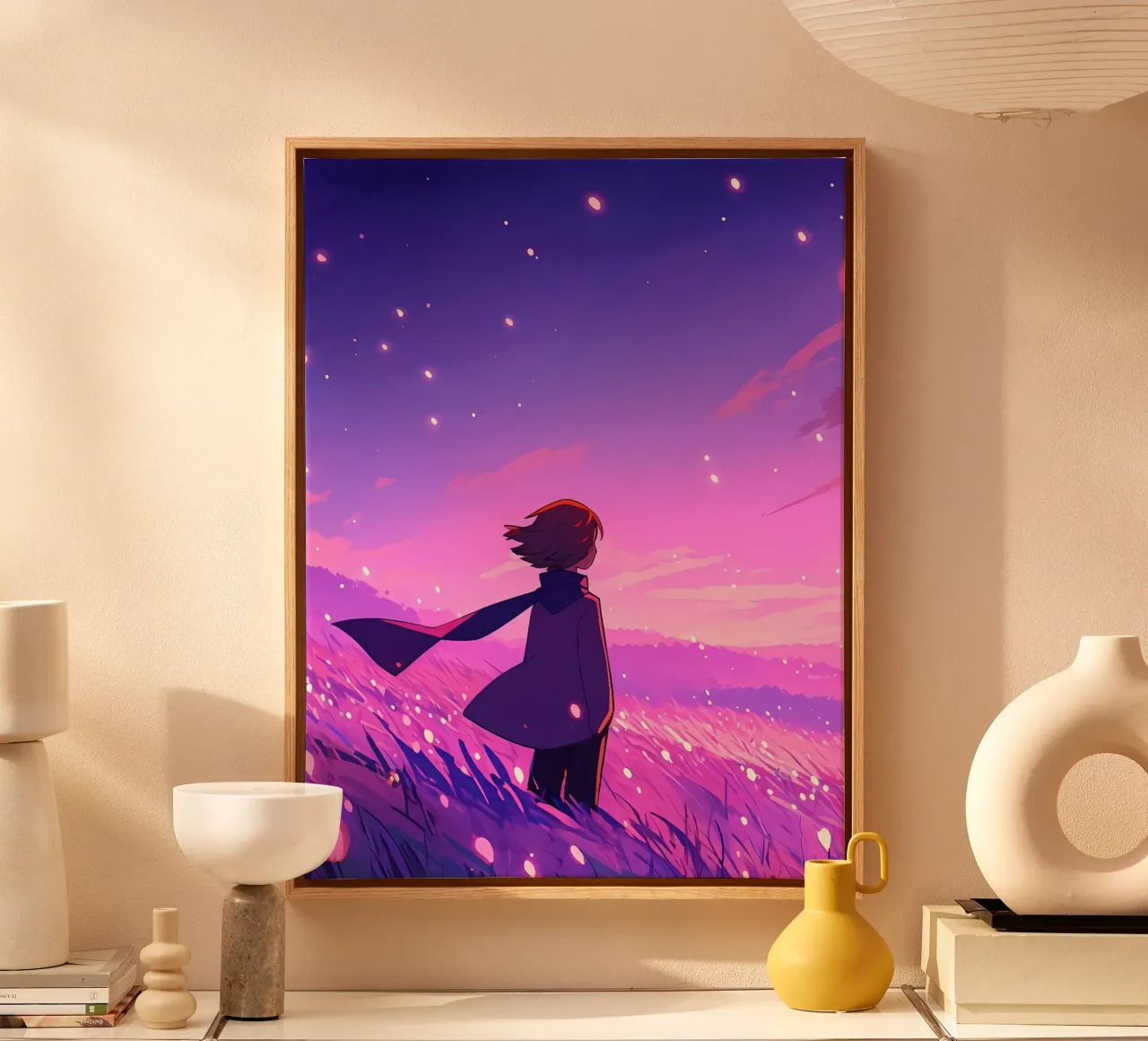 Ein Mädchen Blick auf Sonnenuntergang im Wind Grasland in der Nacht Lofi Kunst Leinwand von LoFi Gallery