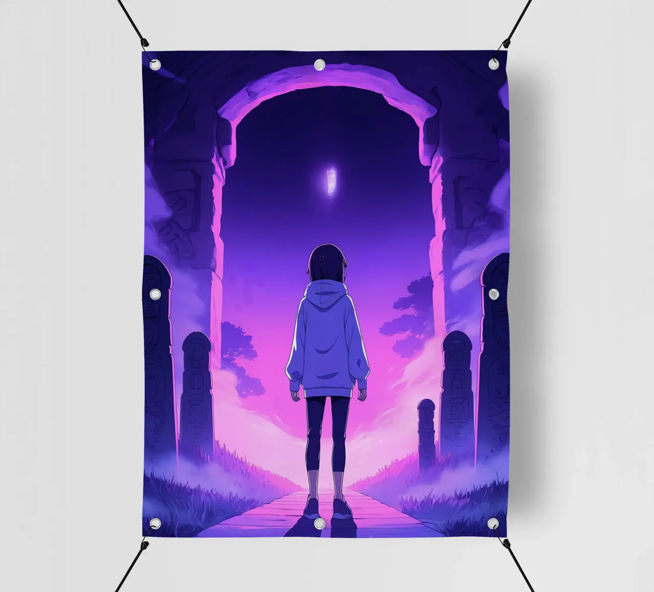 Una ragazza in piedi in un luogo infestato di notte Lofi Art telo in pvc da LoFi Gallery