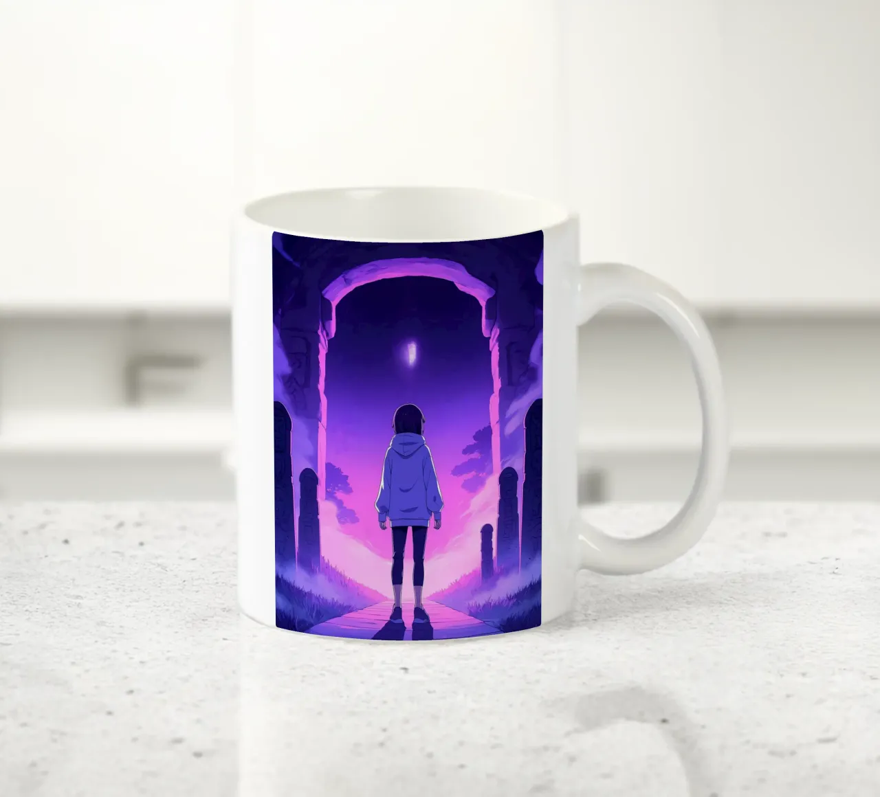 Una ragazza in piedi in un luogo infestato di notte Lofi Art tazza in ceramica da LoFi Gallery