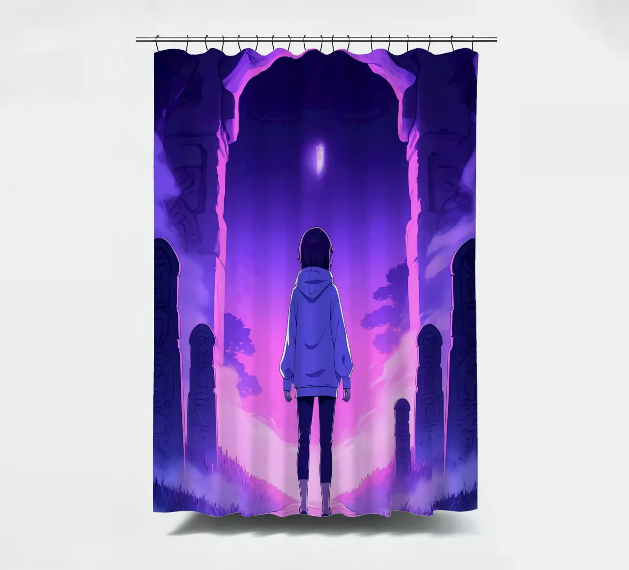 Una ragazza in piedi in un luogo infestato di notte Lofi Art tenda da doccia da LoFi Gallery