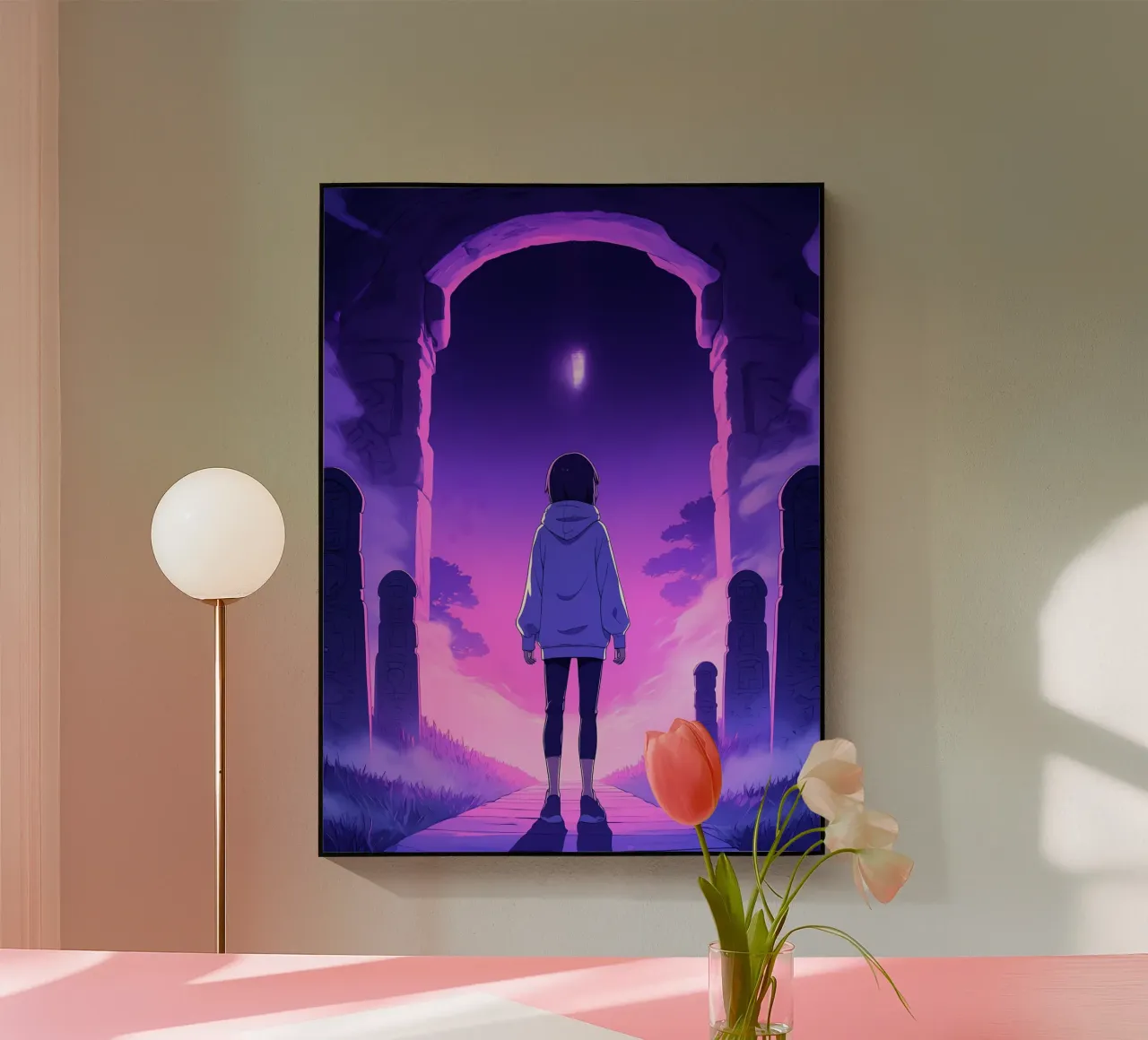 Una ragazza in piedi in un luogo infestato di notte Lofi Art plexiglass da LoFi Gallery