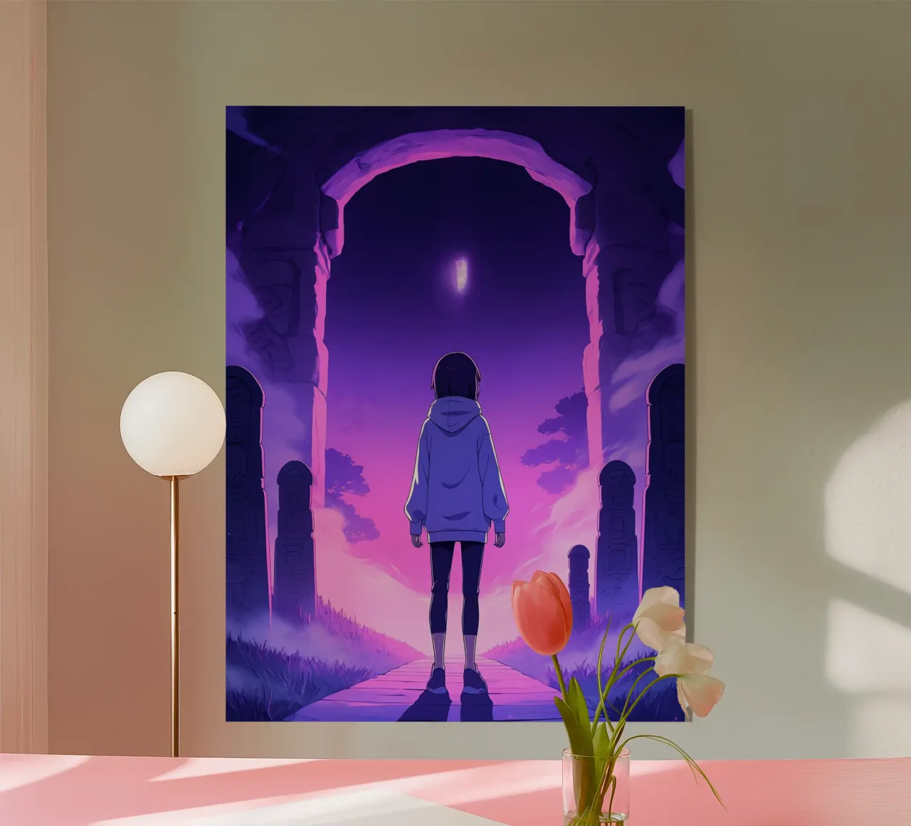 Una ragazza in piedi in un luogo infestato di notte Lofi Art plexiglass da LoFi Gallery