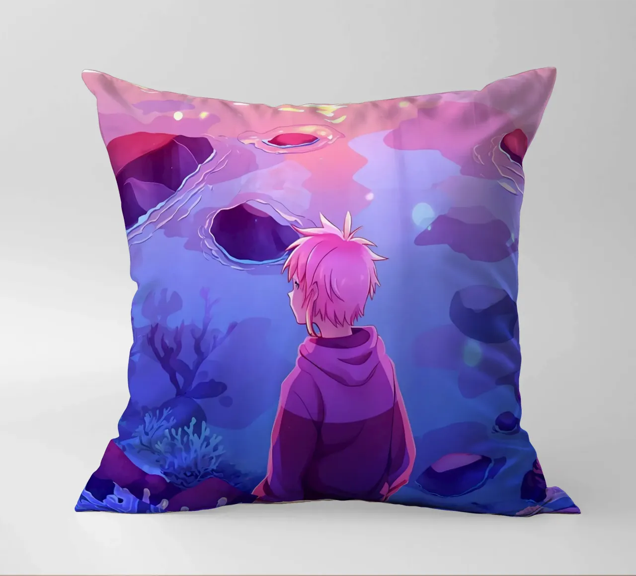 Un ragazzo in piedi sotto l'oceano guardando i coralli Lofi Art cuscino da LoFi Gallery