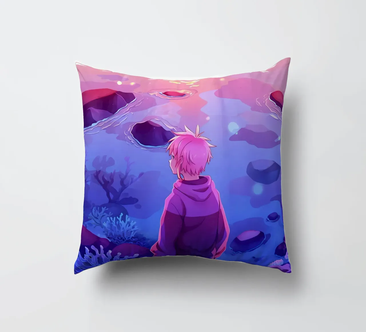 Un ragazzo in piedi sotto l'oceano guardando i coralli Lofi Art cuscino da LoFi Gallery