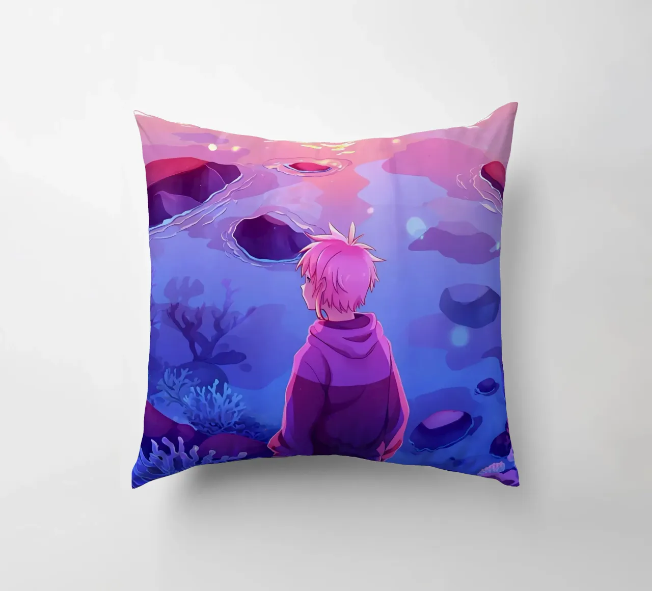 Un ragazzo in piedi sotto l'oceano guardando i coralli Lofi Art cuscino da LoFi Gallery