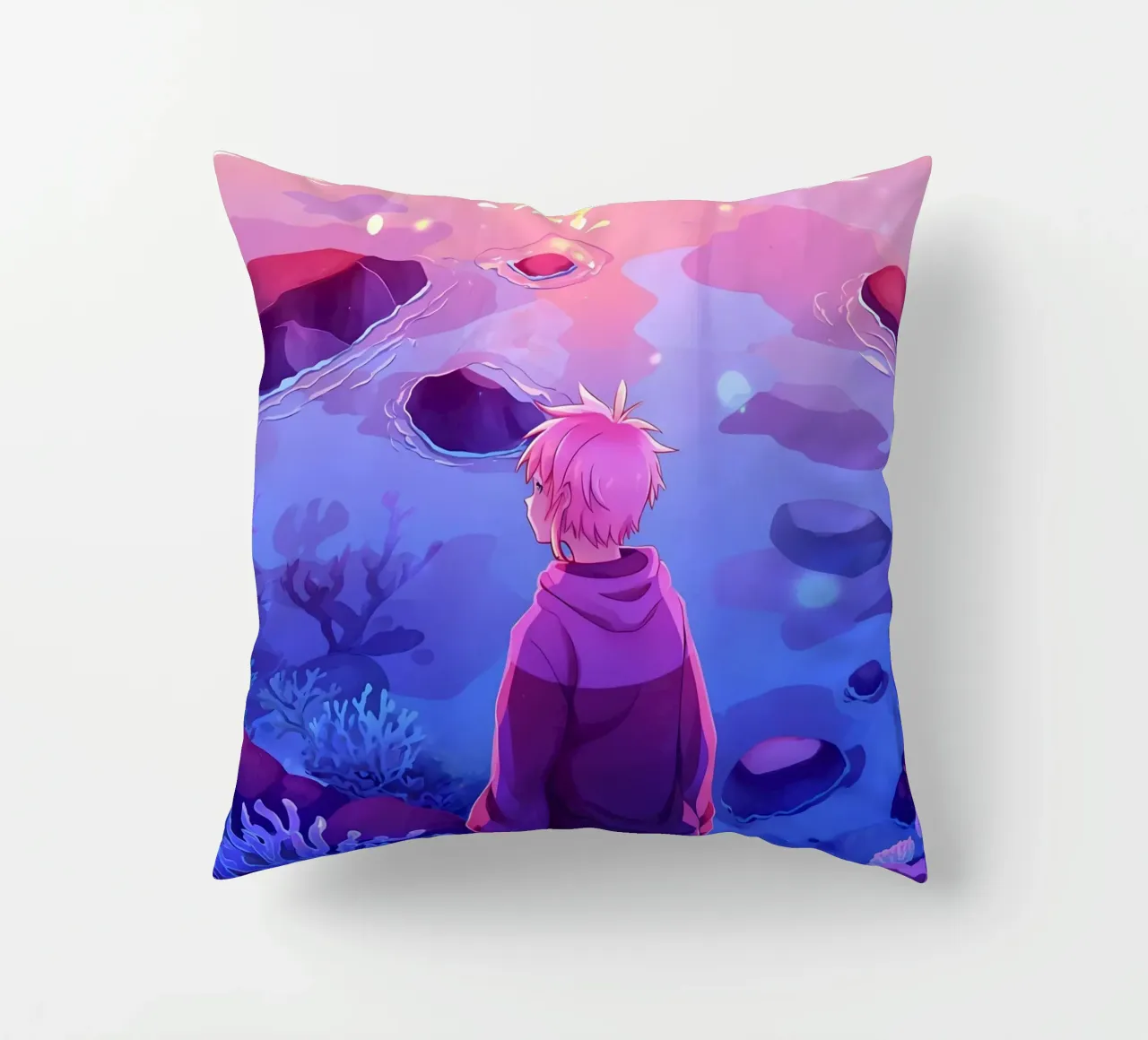 Un ragazzo in piedi sotto l'oceano guardando i coralli Lofi Art cuscino da LoFi Gallery