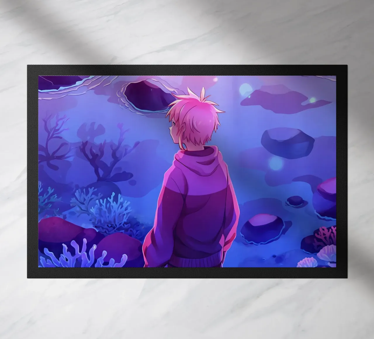 Un ragazzo in piedi sotto l'oceano guardando i coralli Lofi Art zerbino da LoFi Gallery