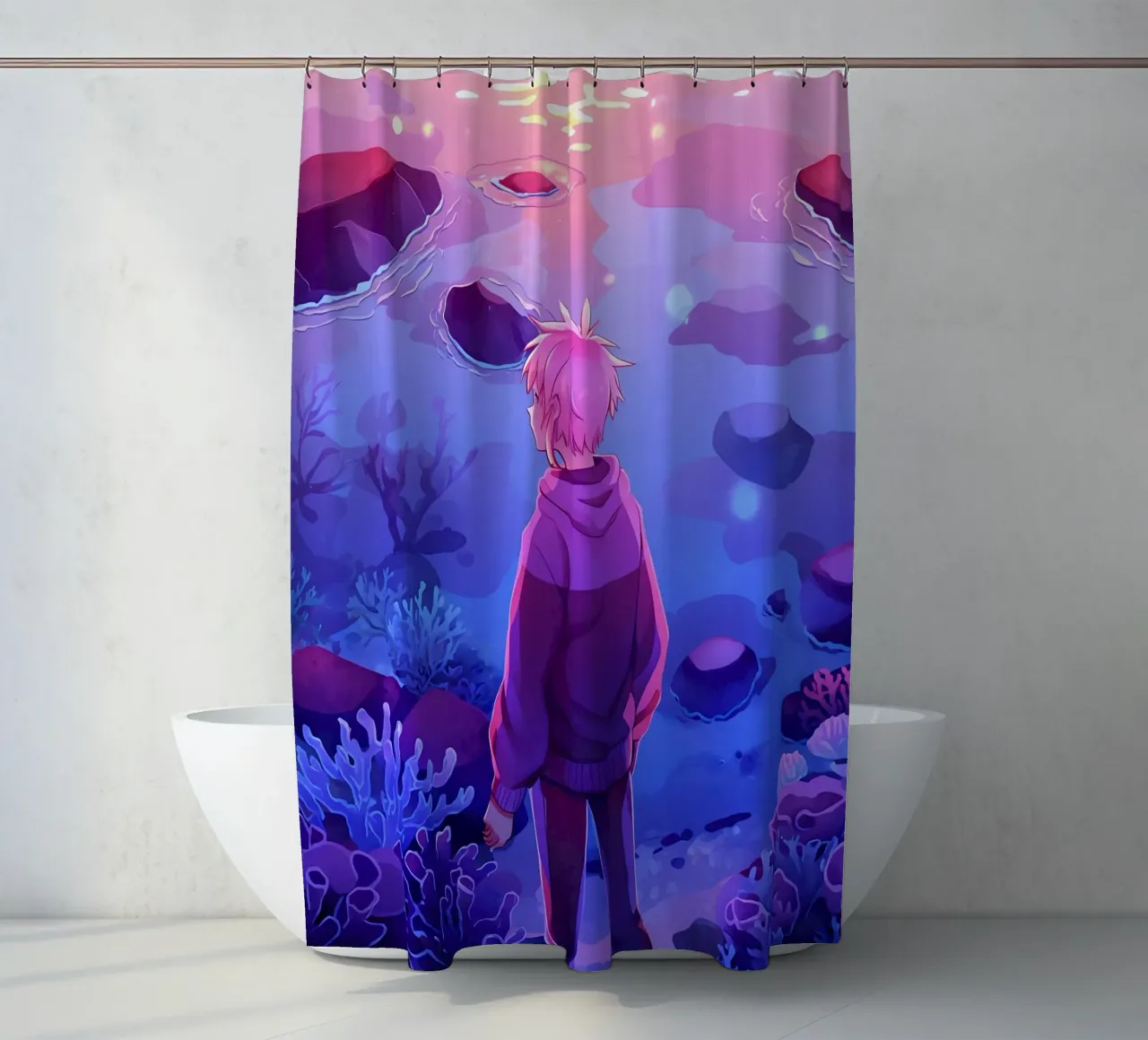 A Boy Standing Under The Ocean Looking At Corals Lofi Art shower curtain by LoFi Gallery