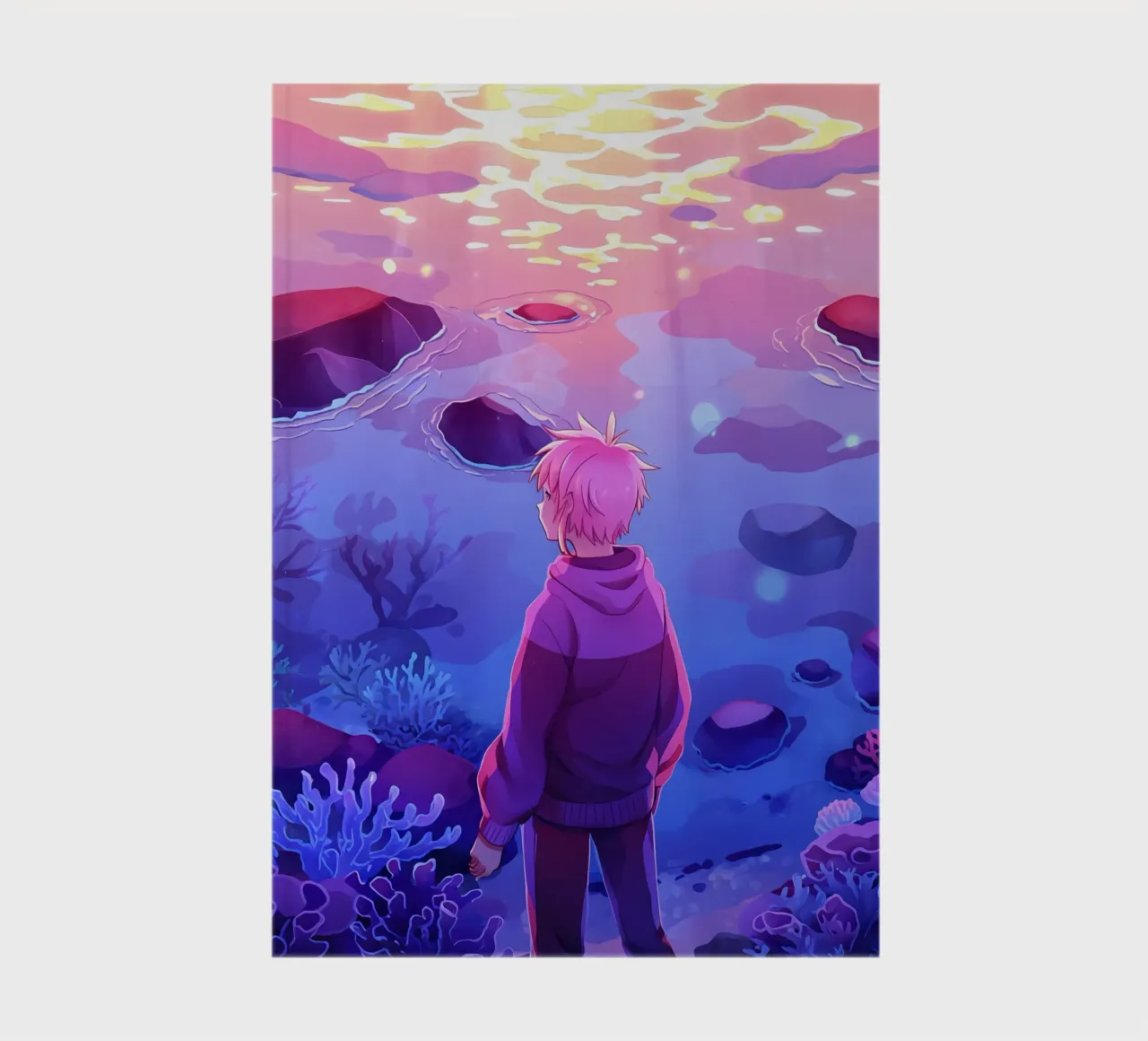A Boy Standing Under The Ocean Looking At Corals Lofi Art notebook by LoFi Gallery