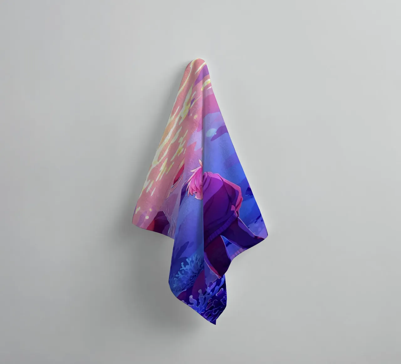 A Boy Standing Under The Ocean Looking At Corals Lofi Art towel by LoFi Gallery