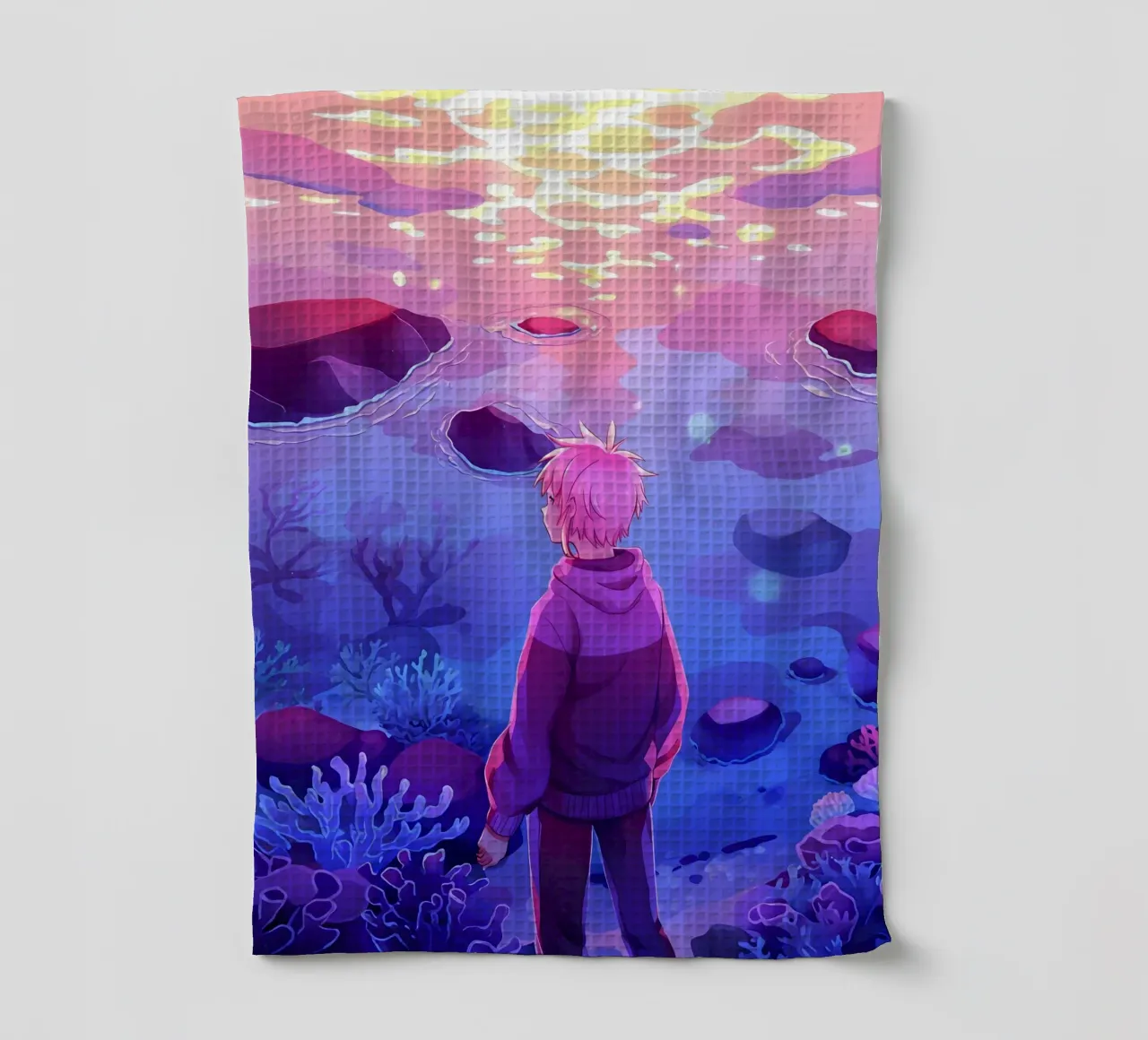 Un ragazzo in piedi sotto l'oceano guardando i coralli Lofi Art canovaccio da cucina da LoFi Gallery