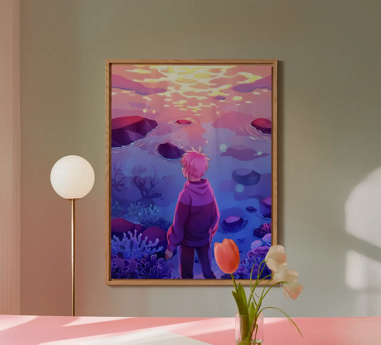 A Boy Standing Under The Ocean Looking At Corals Lofi Art forex plate by LoFi Gallery