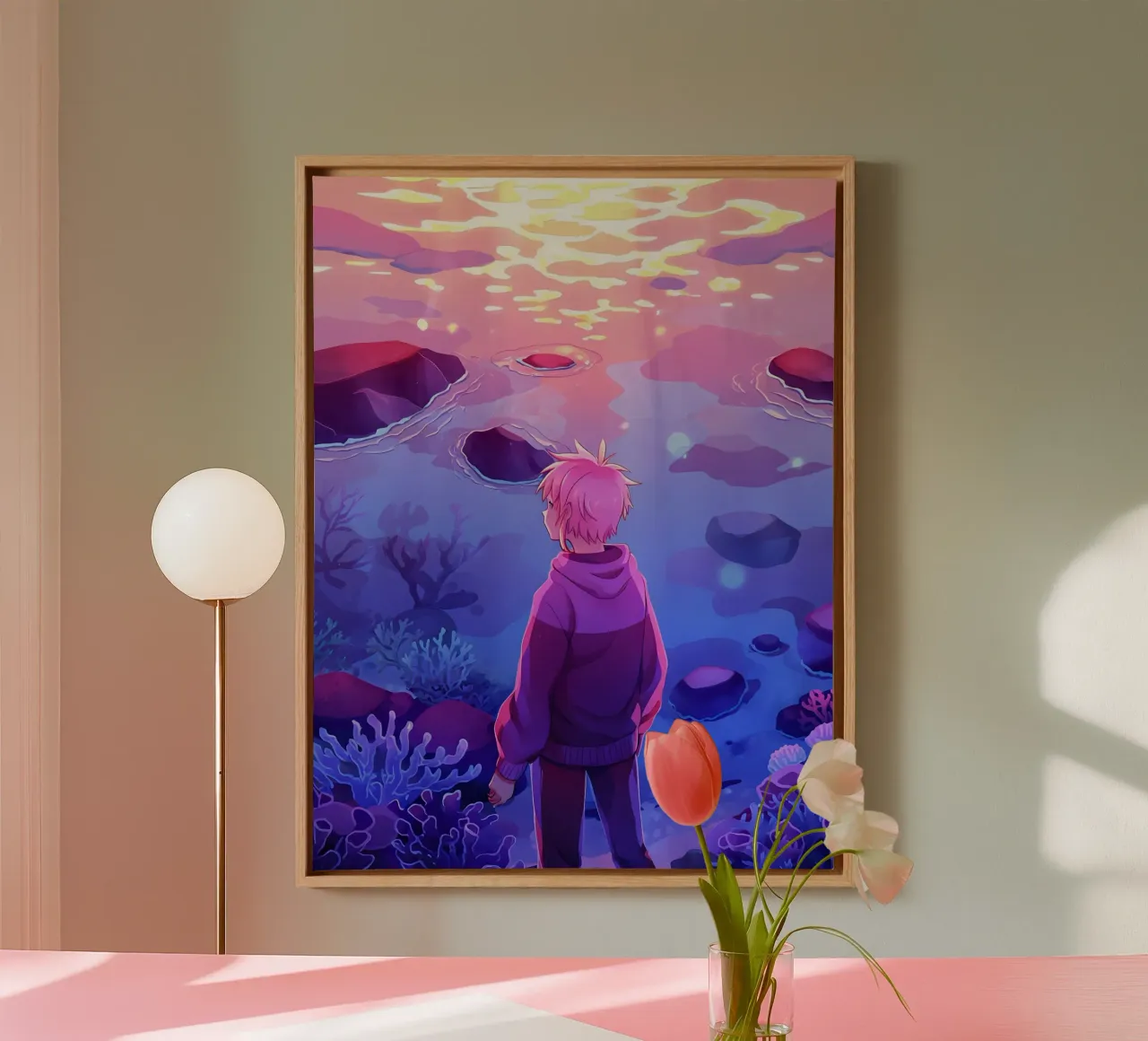 Un ragazzo in piedi sotto l'oceano guardando i coralli Lofi Art tela con Cornice a cassetta da LoFi Gallery