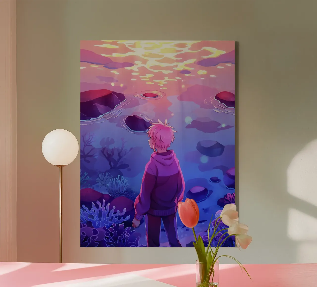Un ragazzo in piedi sotto l'oceano guardando i coralli Lofi Art tela con Cornice a cassetta da LoFi Gallery