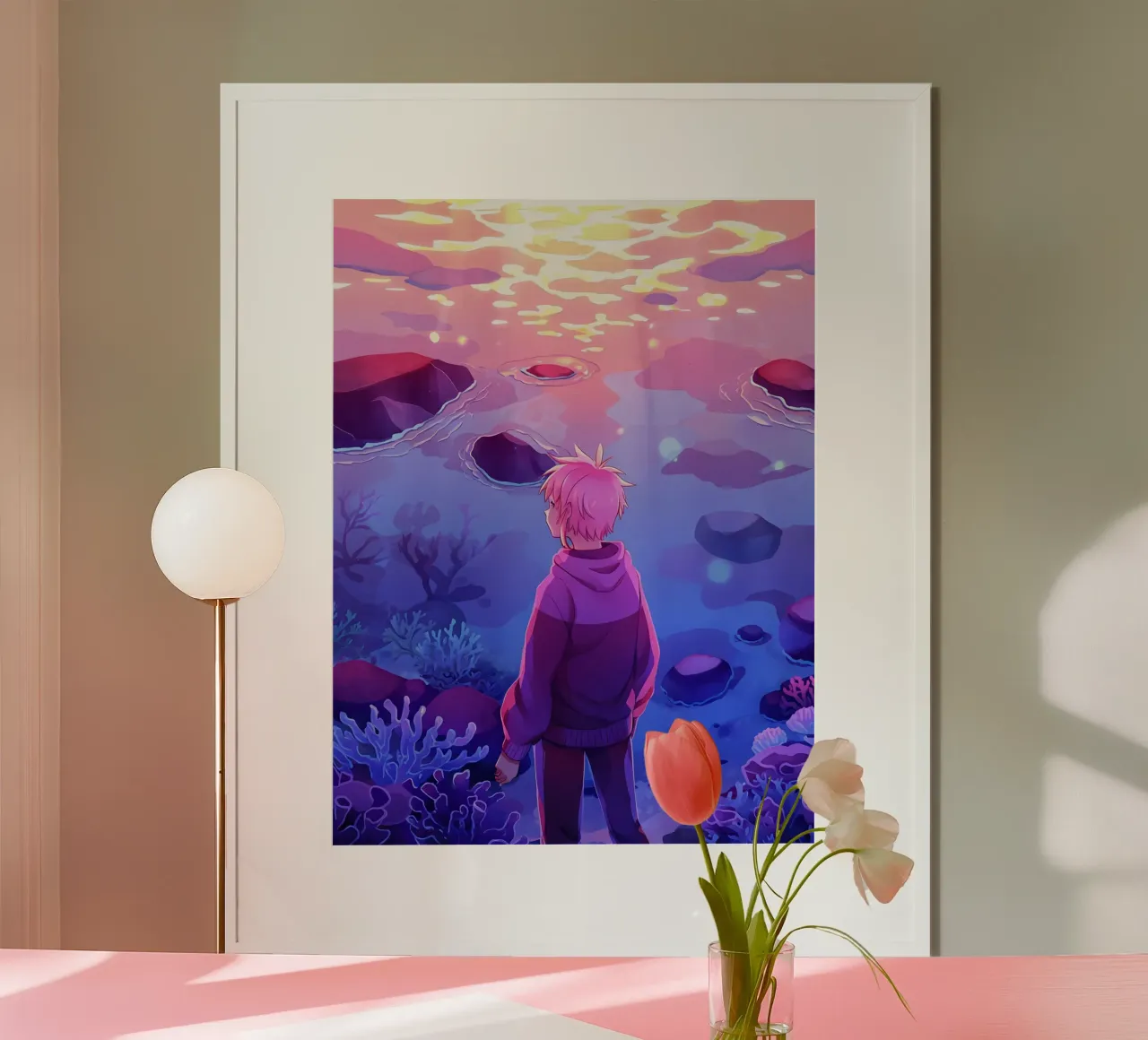 Een jongen onder de oceaan die naar koralen kijkt Lofi Art poster van LoFi Gallery