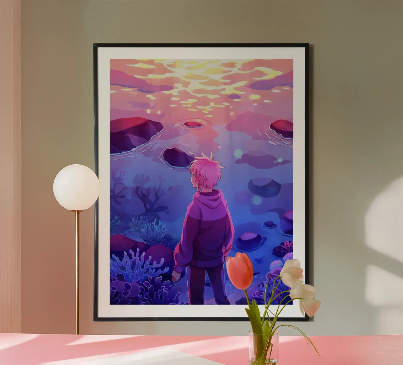 Een jongen onder de oceaan die naar koralen kijkt Lofi Art poster van LoFi Gallery