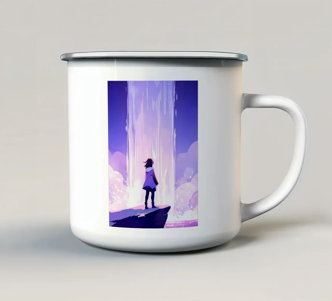 Una ragazza in piedi sulla roccia guardando cascata Lofi Art tazza in smalto da LoFi Gallery