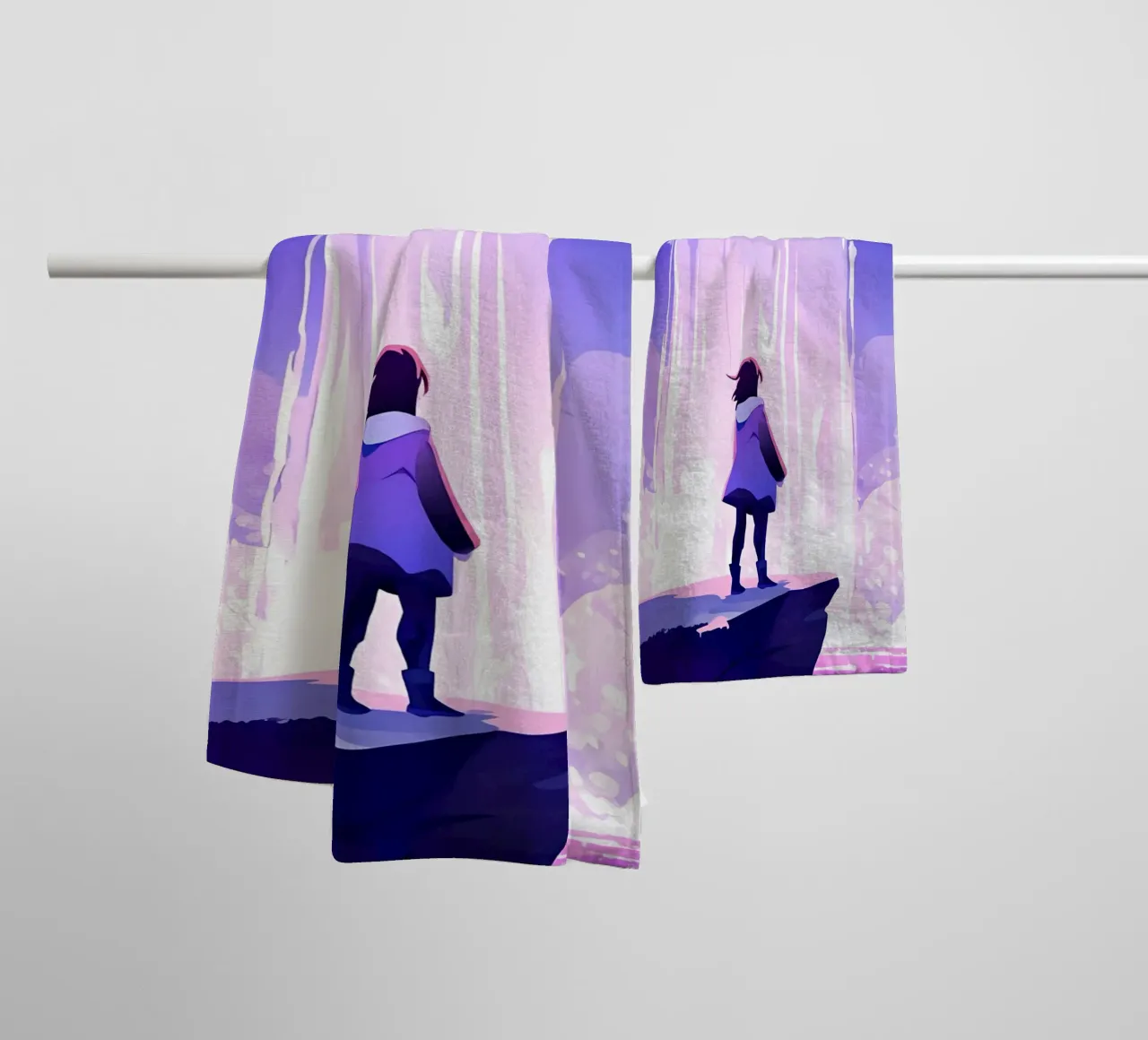 Una ragazza in piedi sulla roccia guardando cascata Lofi Art asciugamano da bagno da LoFi Gallery