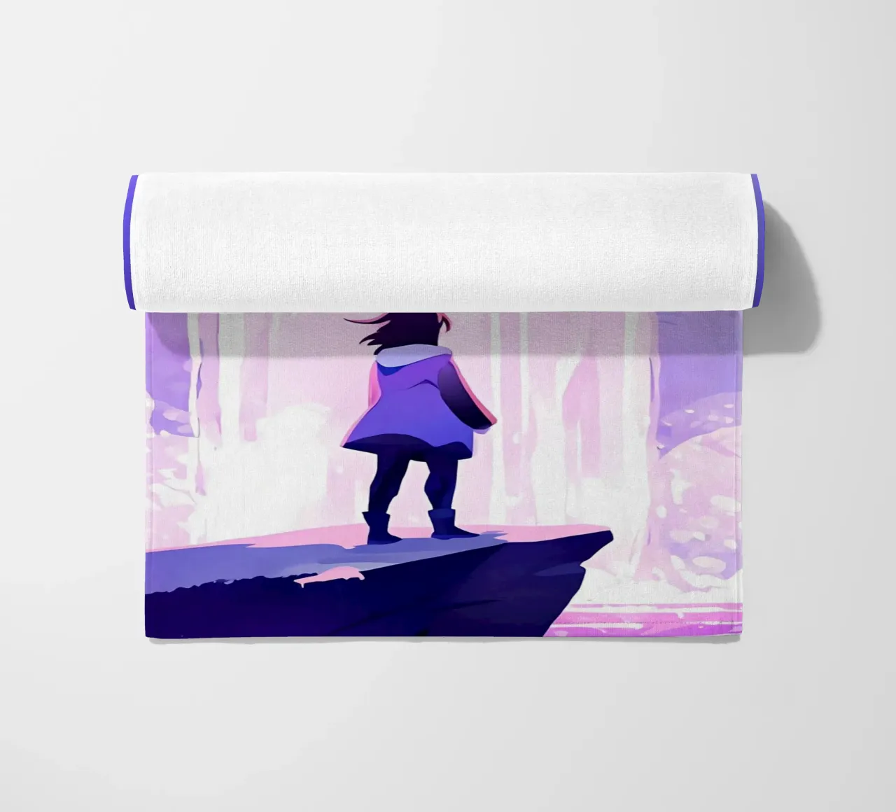 A Girl Standing On Rock Looking At Waterfall Lofi Art beach towel by LoFi Gallery