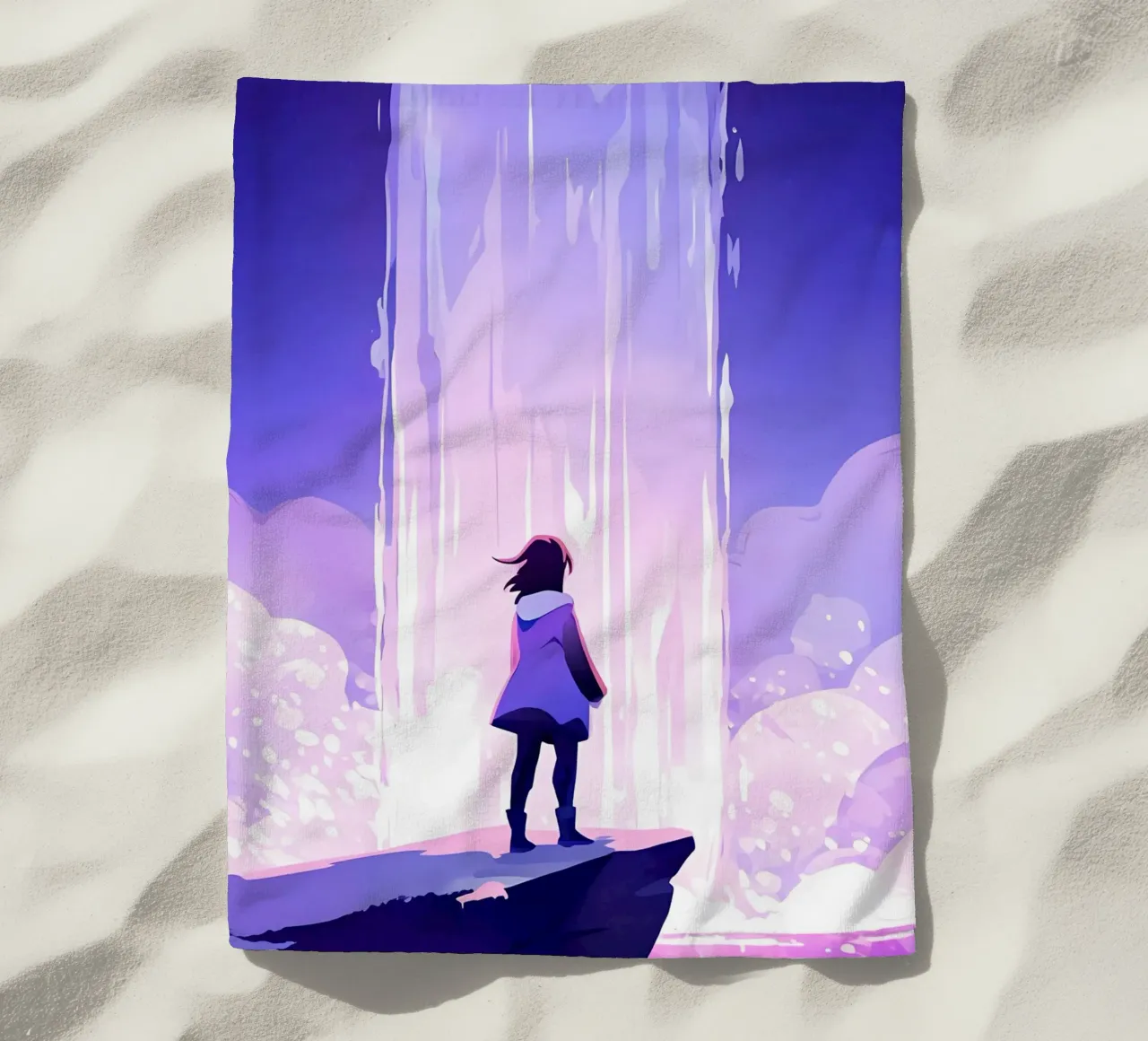 A Girl Standing On Rock Looking At Waterfall Lofi Art beach towel by LoFi Gallery