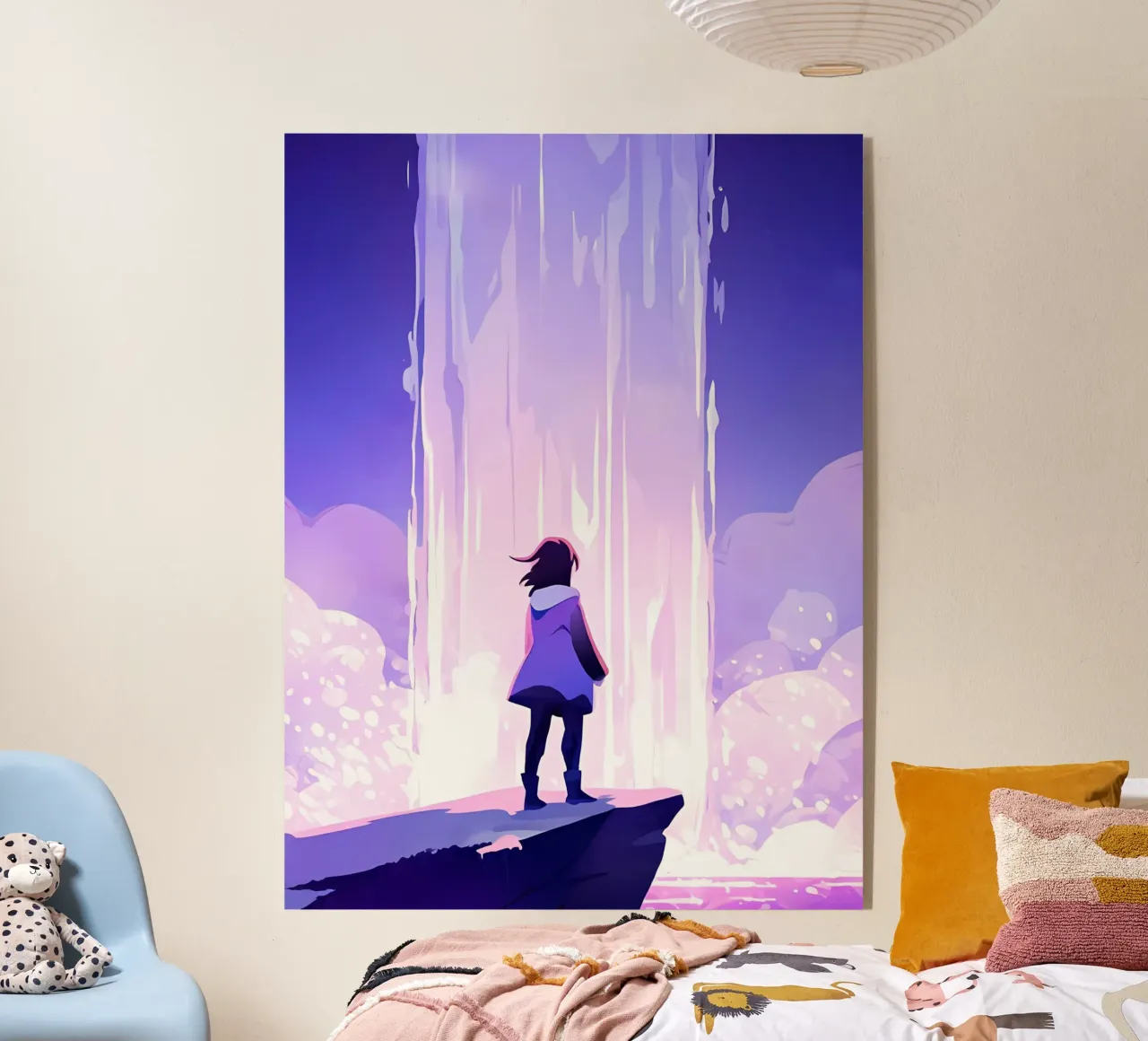 Una ragazza in piedi sulla roccia guardando cascata Lofi Art plexiglass da LoFi Gallery
