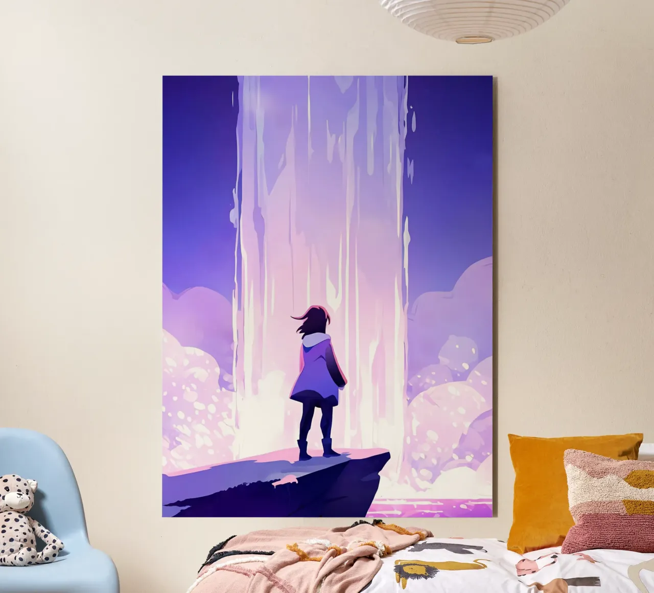 A Girl Standing On Rock Looking At Waterfall Lofi Art forex plate by LoFi Gallery