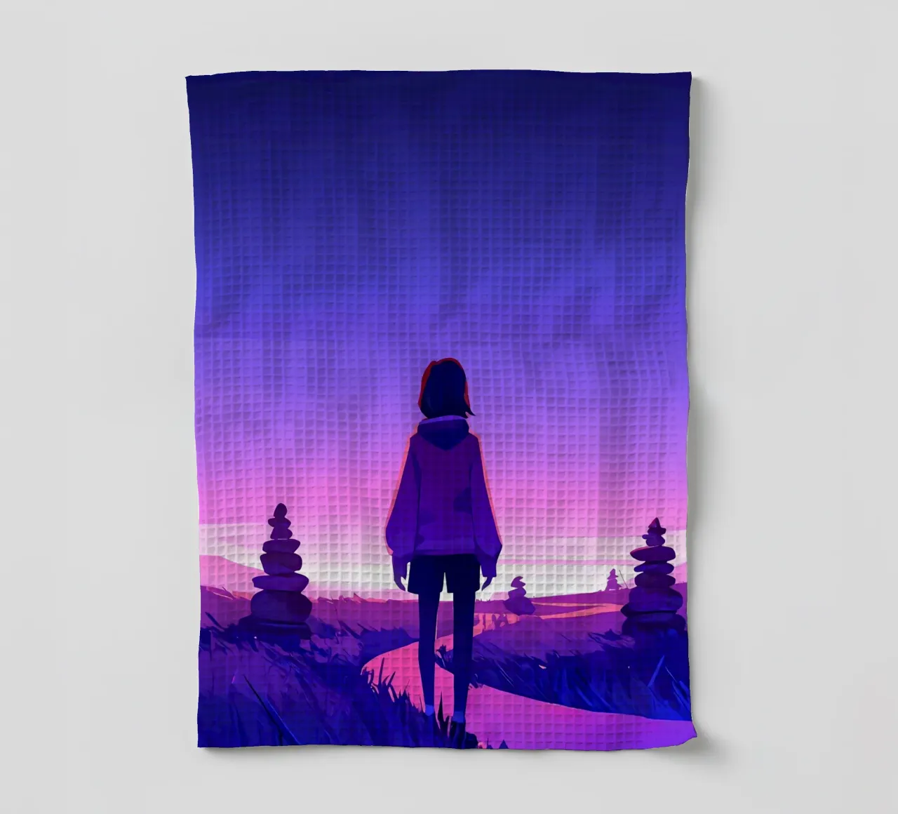 A Girl Walking Through The silent Pathway Lofi Art tea towel by LoFi Gallery