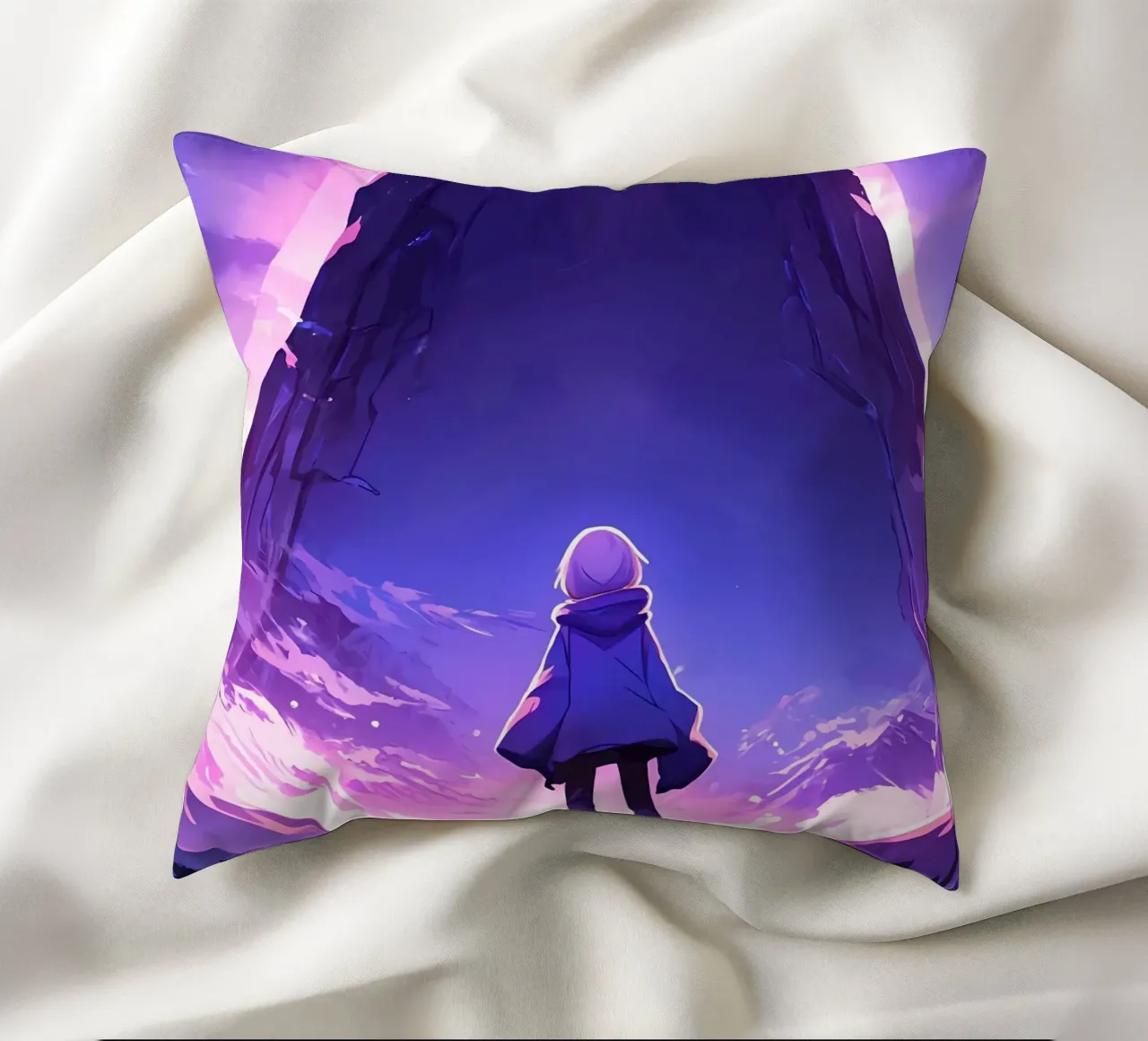 Una ragazza in piedi di fronte a un antico monumento Lofi Art cuscino da LoFi Gallery