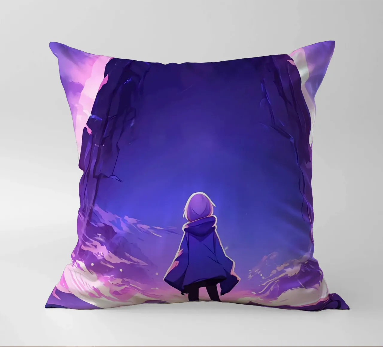Una ragazza in piedi di fronte a un antico monumento Lofi Art cuscino da LoFi Gallery