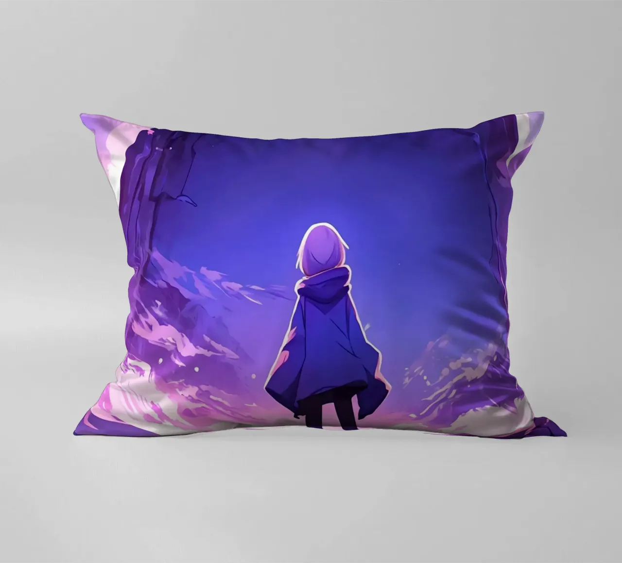 Una ragazza in piedi di fronte a un antico monumento Lofi Art cuscino da LoFi Gallery