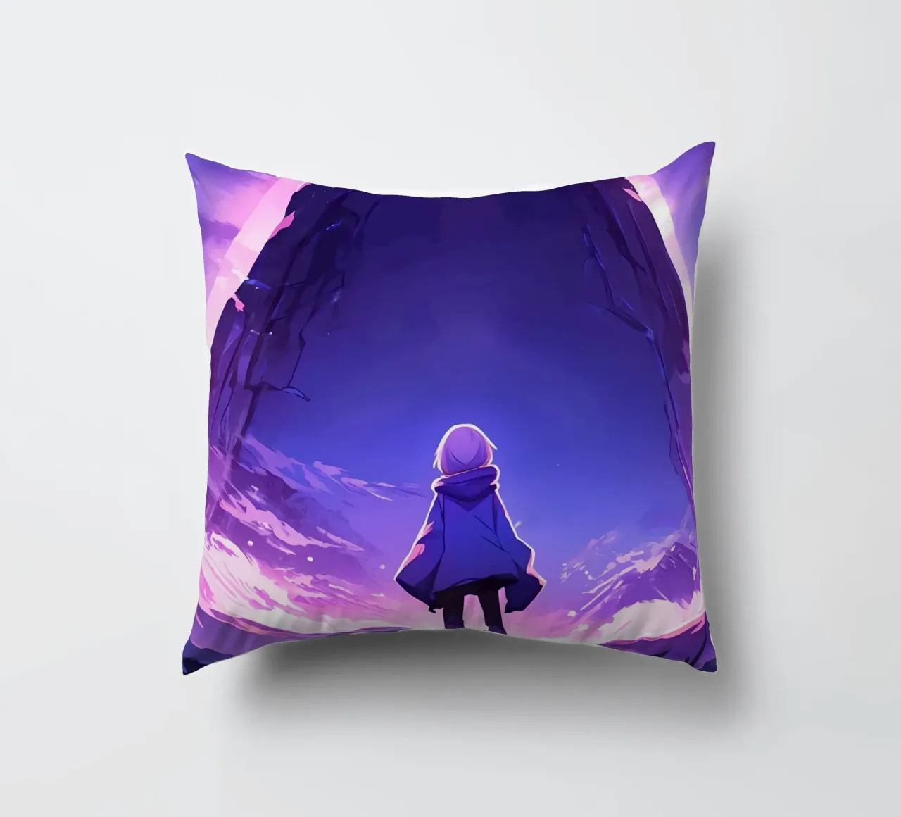Una ragazza in piedi di fronte a un antico monumento Lofi Art cuscino da LoFi Gallery