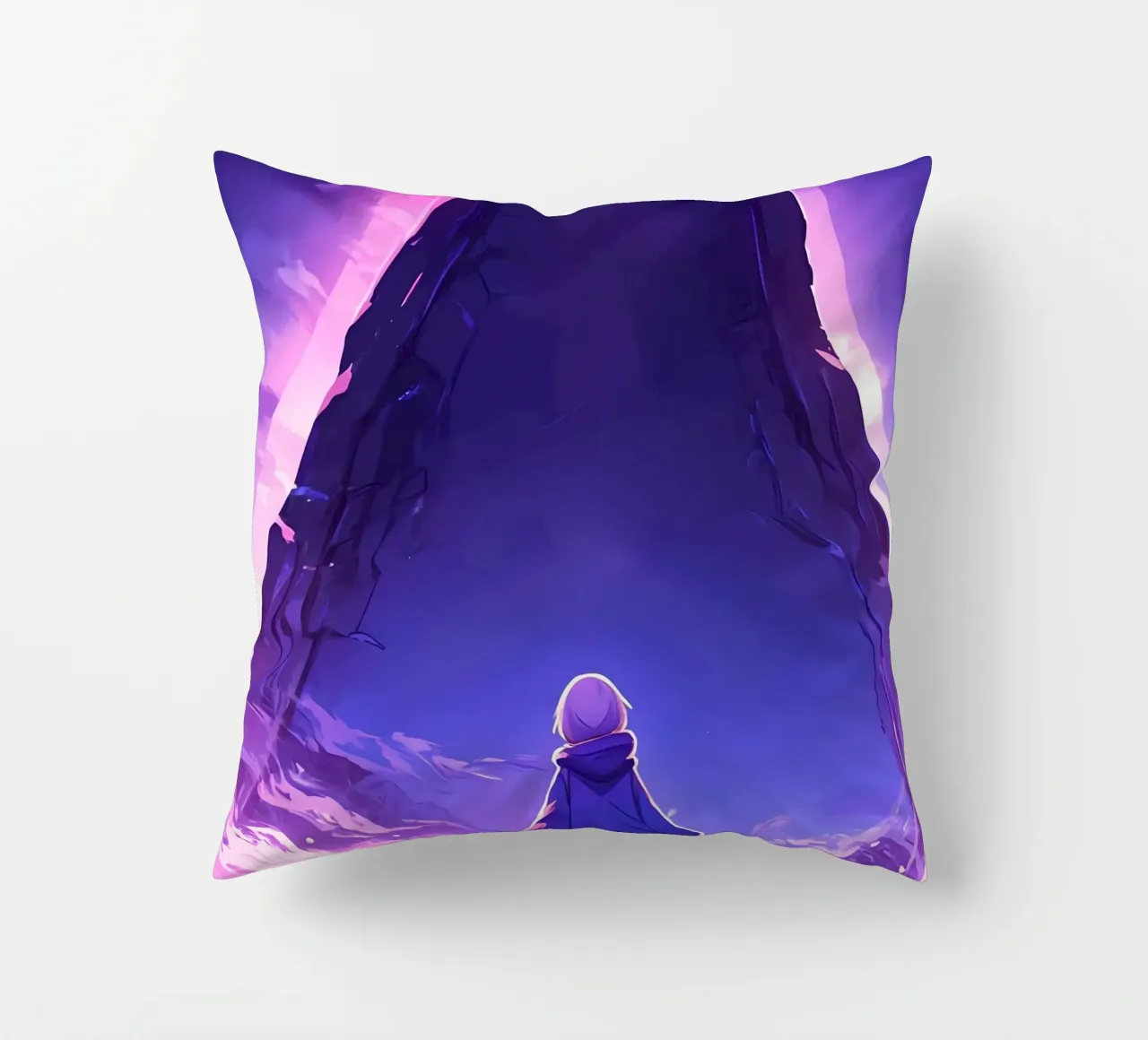 Una ragazza in piedi di fronte a un antico monumento Lofi Art cuscino da LoFi Gallery