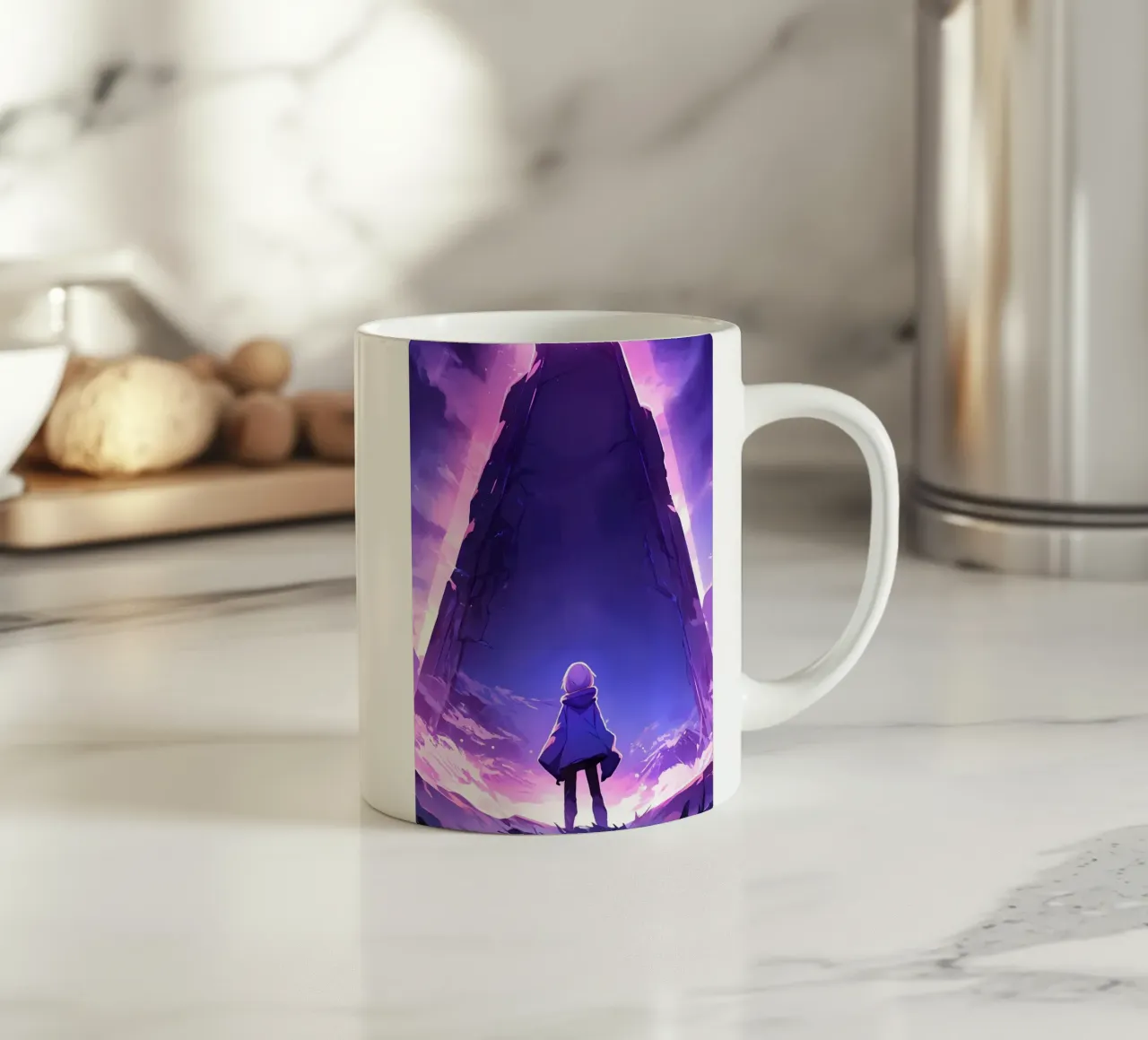 Una ragazza in piedi di fronte a un antico monumento Lofi Art tazza in ceramica da LoFi Gallery