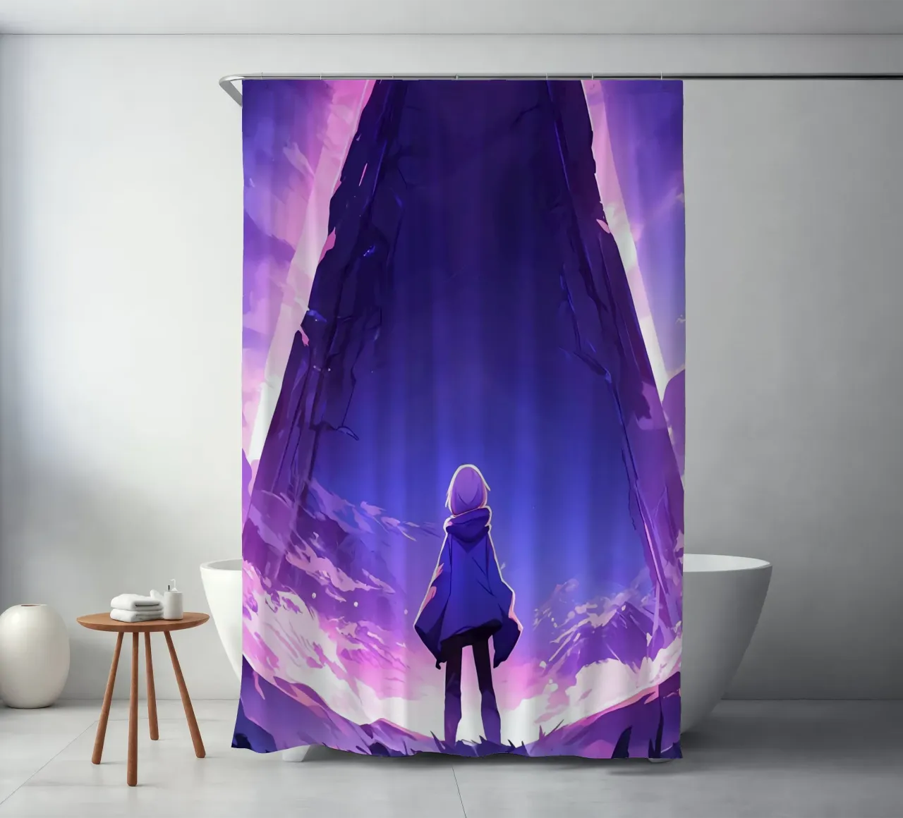 Una ragazza in piedi di fronte a un antico monumento Lofi Art tenda da doccia da LoFi Gallery