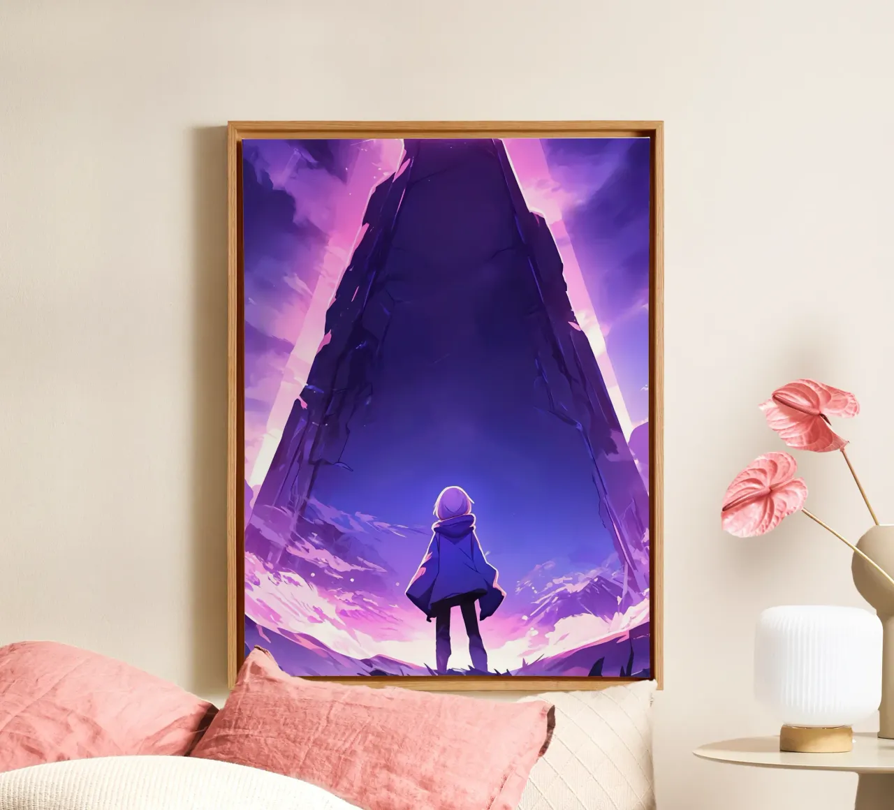 Una ragazza in piedi di fronte a un antico monumento Lofi Art tela con Cornice a cassetta da LoFi Gallery