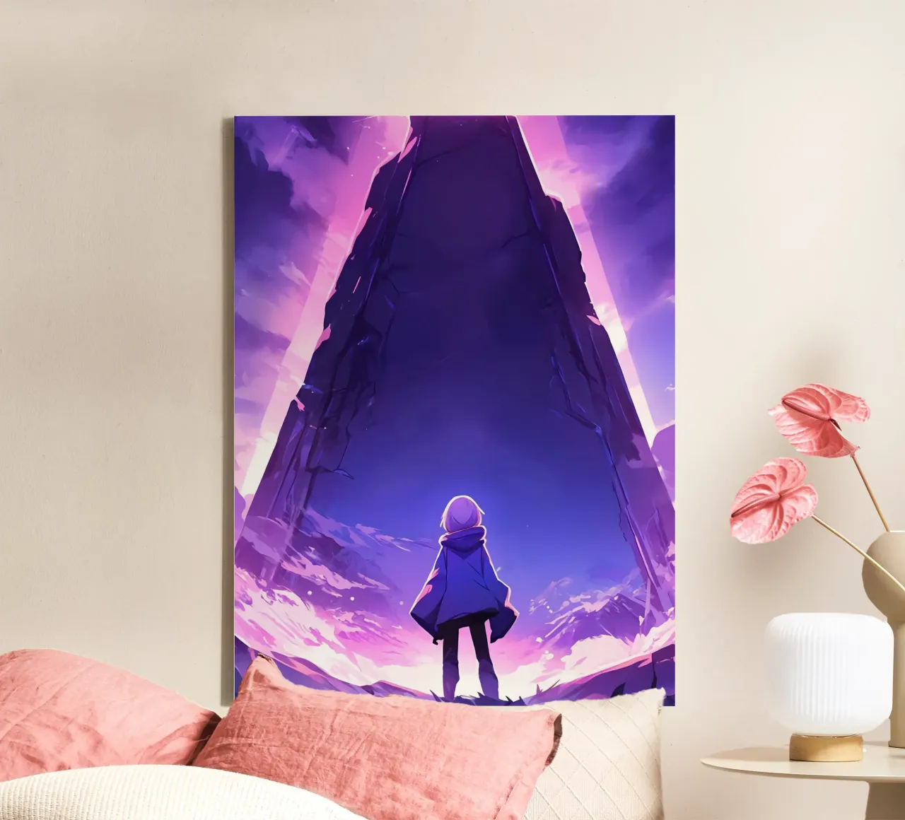 Una ragazza in piedi di fronte a un antico monumento Lofi Art tela con Cornice a cassetta da LoFi Gallery