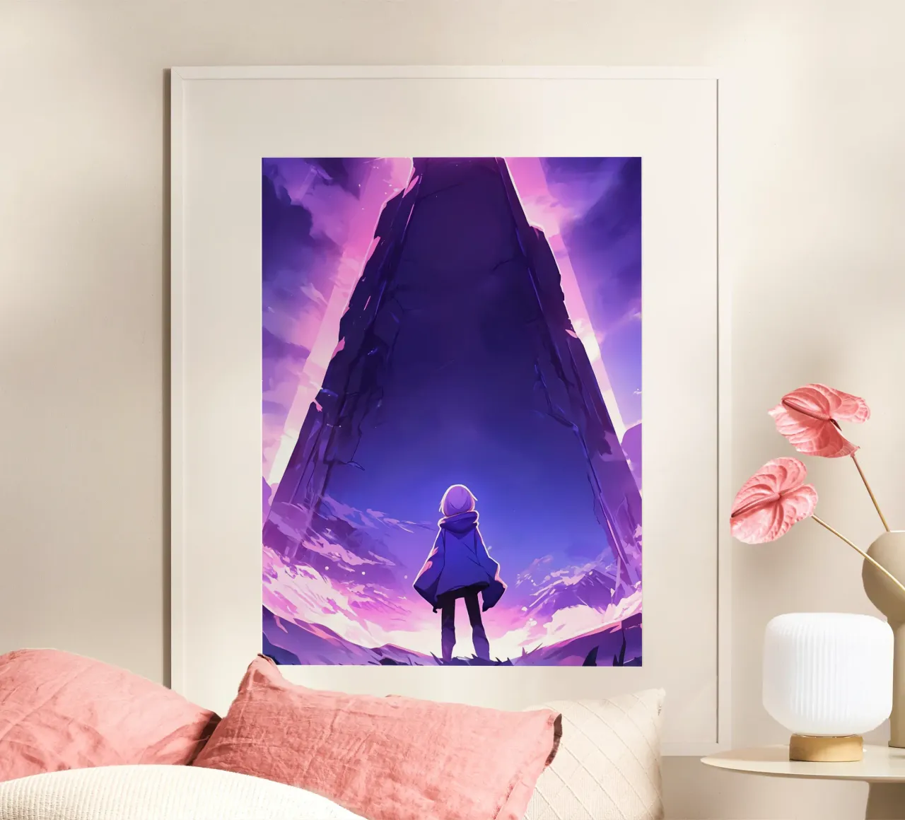 Ein Mädchen, das vor einem antiken Denkmal steht Lofi Art Poster mit Aluminium Rahmen von LoFi Gallery