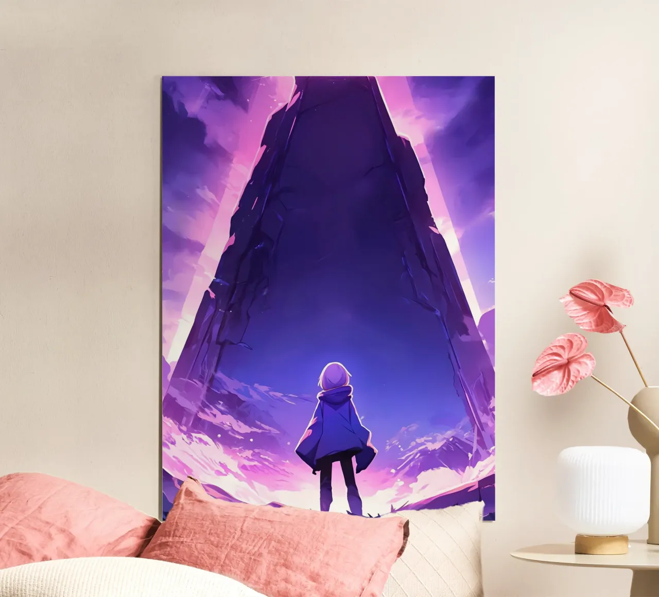 Ein Mädchen, das vor einem antiken Denkmal steht Lofi Art Poster mit Aluminium Rahmen von LoFi Gallery