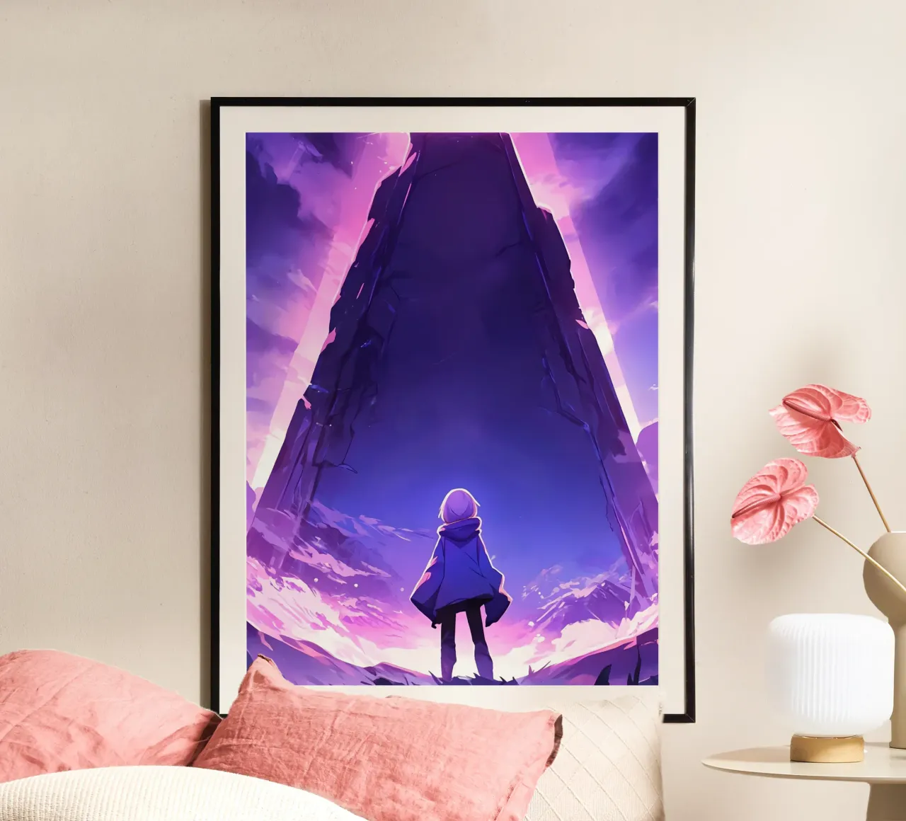 Ein Mädchen, das vor einem antiken Denkmal steht Lofi Art Poster mit Aluminium Rahmen von LoFi Gallery