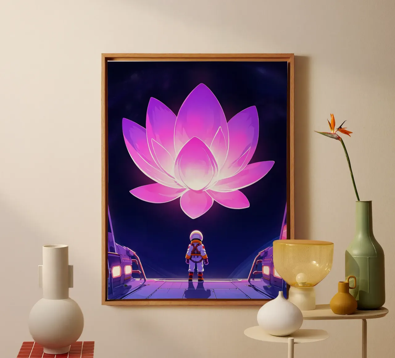 Un astronauta che guarda un fiore spaziale gigante Lofi Art tela con Cornice a cassetta da LoFi Gallery