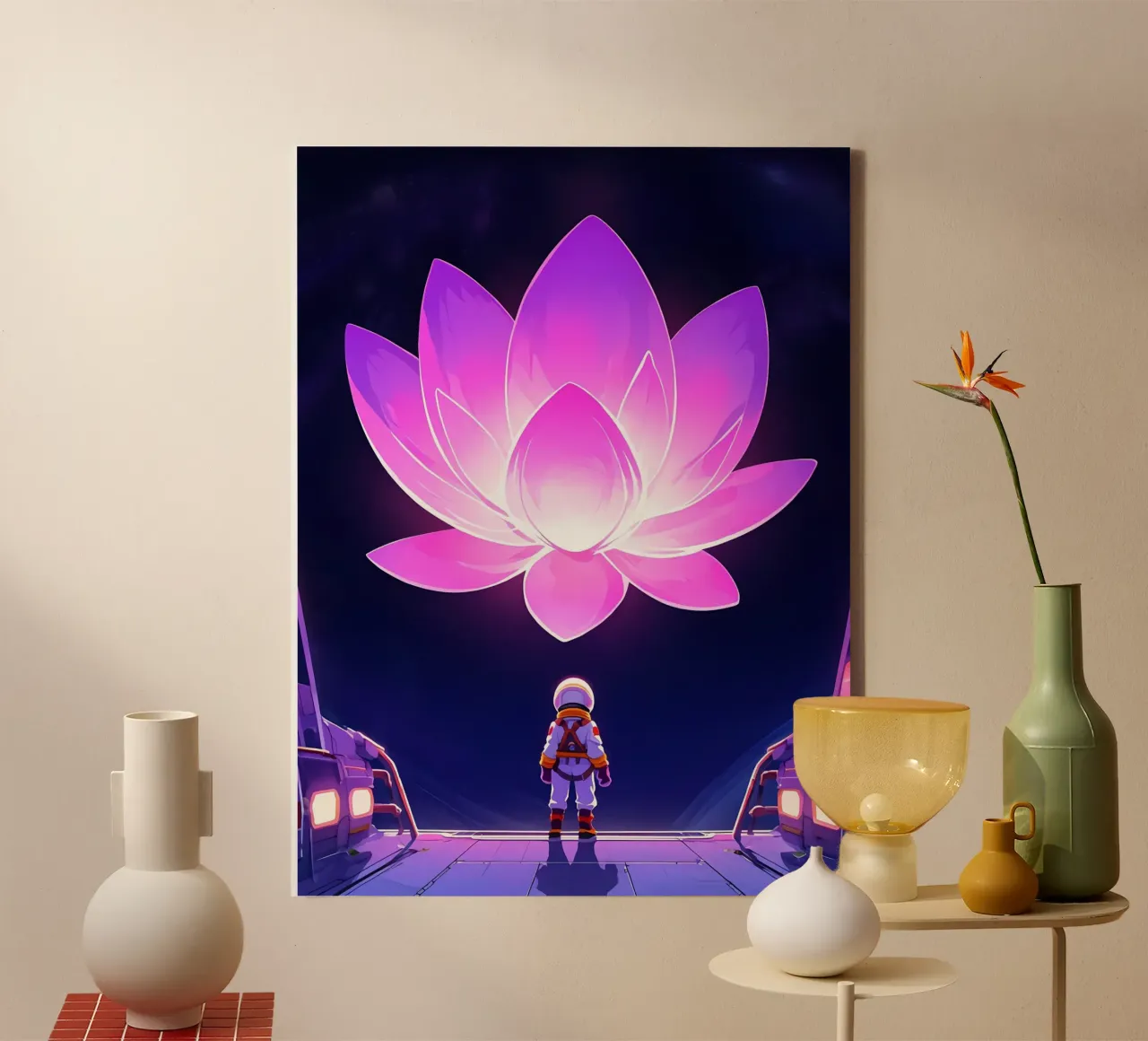 Un astronauta che guarda un fiore spaziale gigante Lofi Art tela con Cornice a cassetta da LoFi Gallery