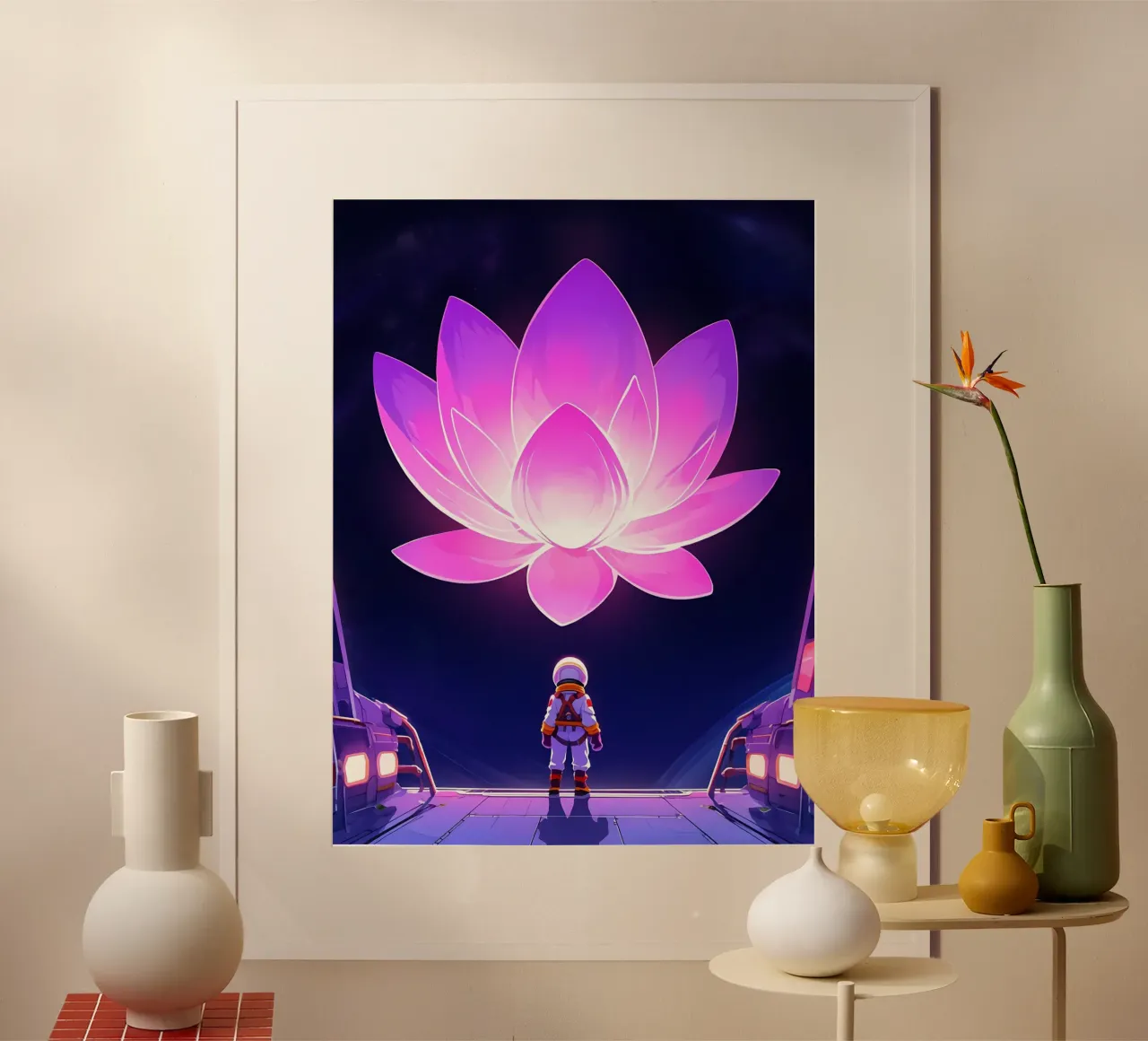 Un astronauta mirando una flor espacial gigante Lofi Art poster con marco de aluminio de LoFi Gallery