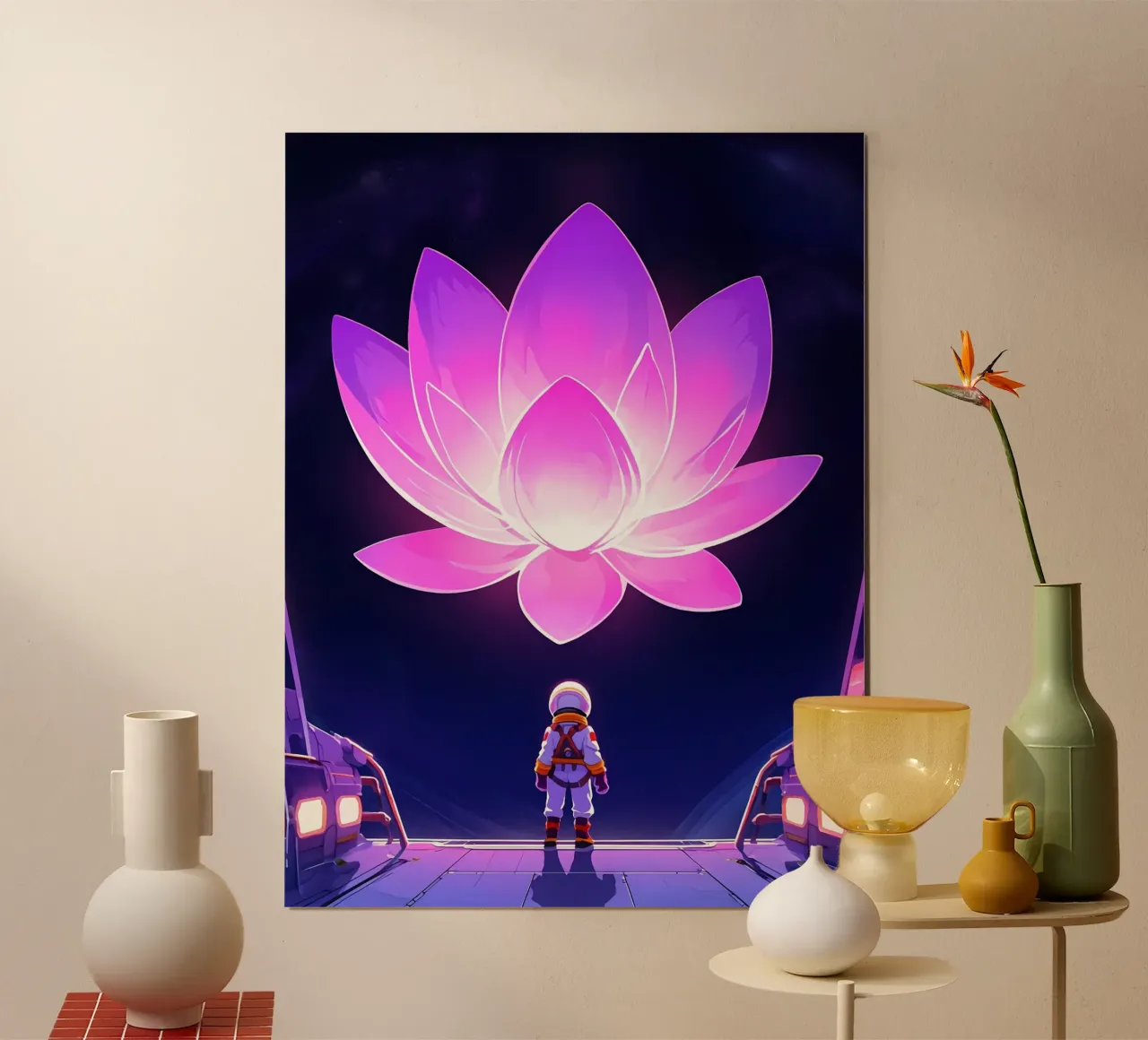 Un astronauta mirando una flor espacial gigante Lofi Art poster con marco de aluminio de LoFi Gallery